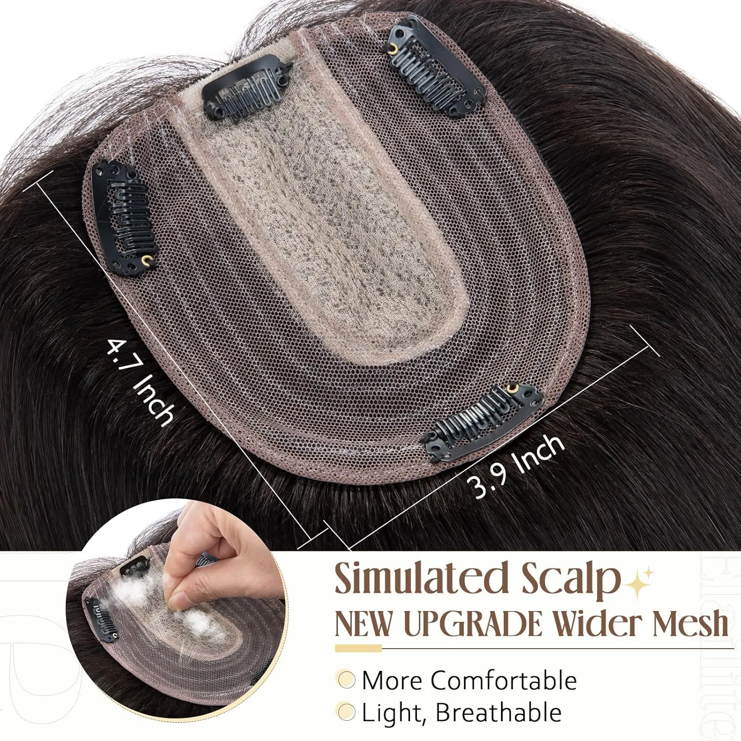 Elailite Human Hair Toppers for Women Real Human Hair Thin 4.7"x3.9" Silk Base Clip in Remy Hairpieces 6 Inch Natural Black