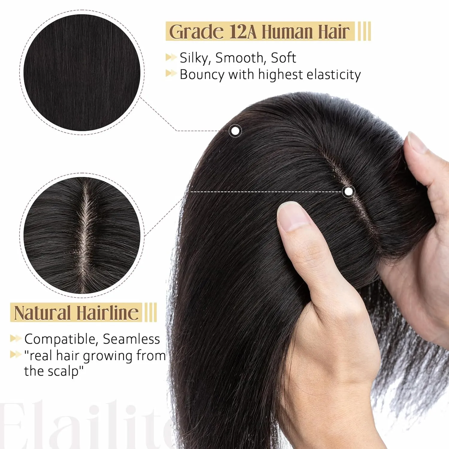 Elailite Human Hair Toppers for Women Real Human Hair Thin 4.7"x3.9" Silk Base Clip in Remy Hairpieces 6 Inch Natural Black