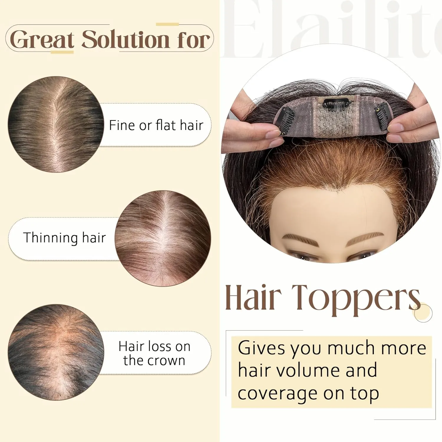 Elailite Human Hair Toppers for Women Real Human Hair Thin 4.7"x3.9" Silk Base Clip in Remy Hairpieces 6 Inch Natural Black