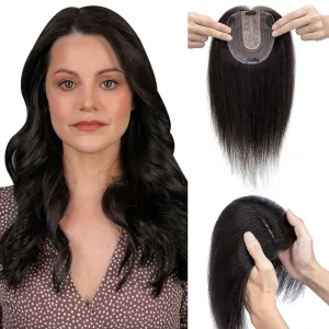 Elailite Human Hair Toppers for Women Real Human Hair Thin 4.7"x3.9" Silk Base Clip in Remy Hairpieces 6 Inch Natural Black