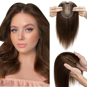 Elailite Human Hair Toppers for Women Real Human Hair Thin 4.7"x3.9" Silk Base Clip in Remy Hairpieces 8 Inch Chocolate Brown