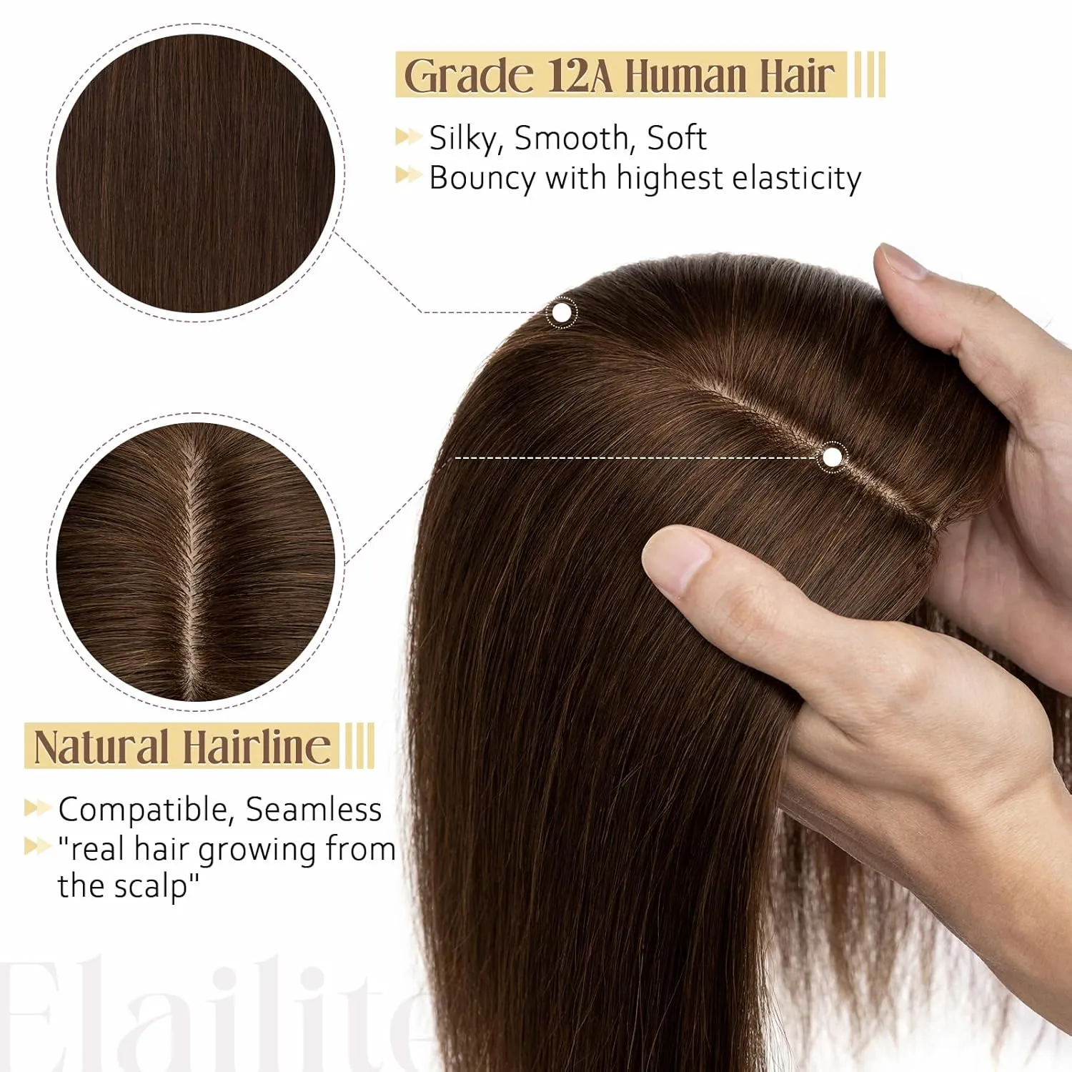 Elailite Human Hair Toppers for Women Real Human Hair Thin 4.7"x3.9" Silk Base Clip in Remy Hairpieces 8 Inch Chocolate Brown