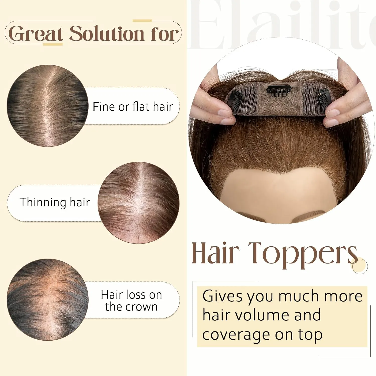 Elailite Human Hair Toppers for Women Real Human Hair Thin 4.7"x3.9" Silk Base Clip in Remy Hairpieces 8 Inch Chocolate Brown