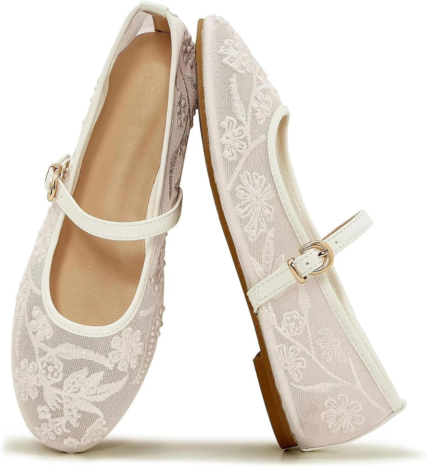 Embroidered Mesh Ballet Flat for Women Round Toe White Pearl Ballerina Shoes Buckle Strap Casual Comfortable Mary Jane Flats