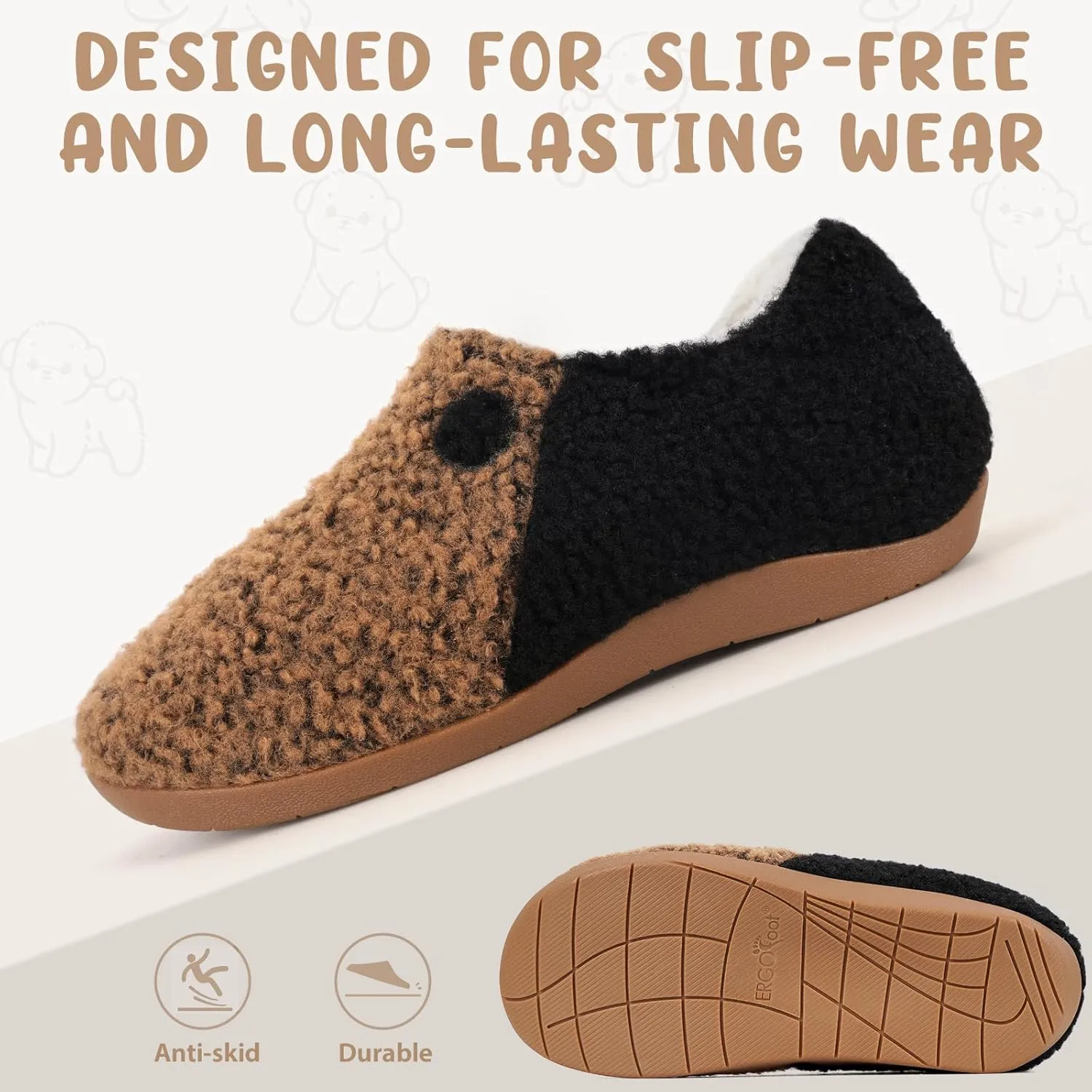 ERGOfoot Orthopedic Slippers with Arch Support for Women Men, Fuzzy House Slippers for Plantar Fasciitis, Indoor Shoes with Soft Plush Sherpa Fleece Lining