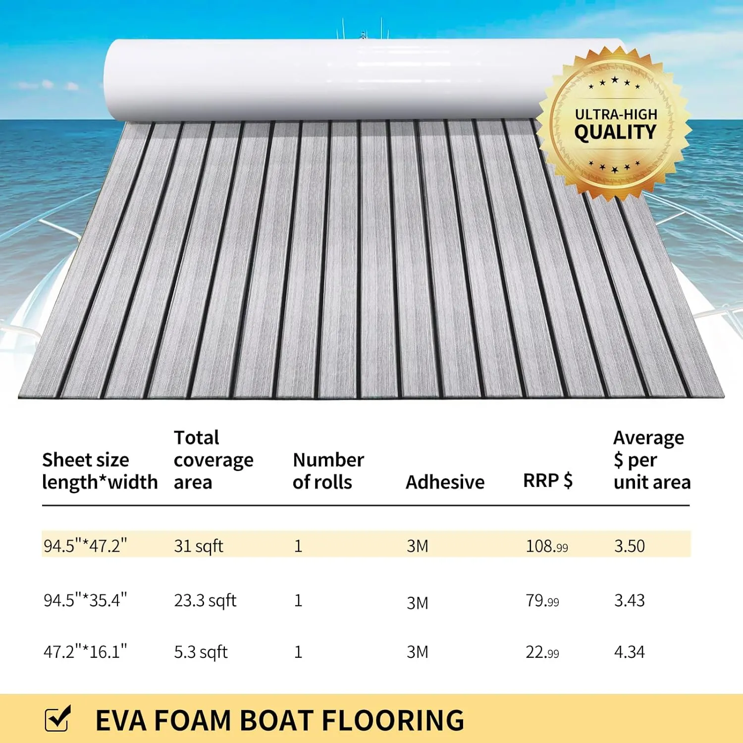 EVA Foam Boat Flooring with 3M Adhesive Backing Boat Decking Foam Self-Adhesive Sea Deck Boat Flooring 94.5"x47.2"/35.4",47.2"x16.1" EVA Foam Decking Sheet for Jon Boats Swim Platform RV Floor