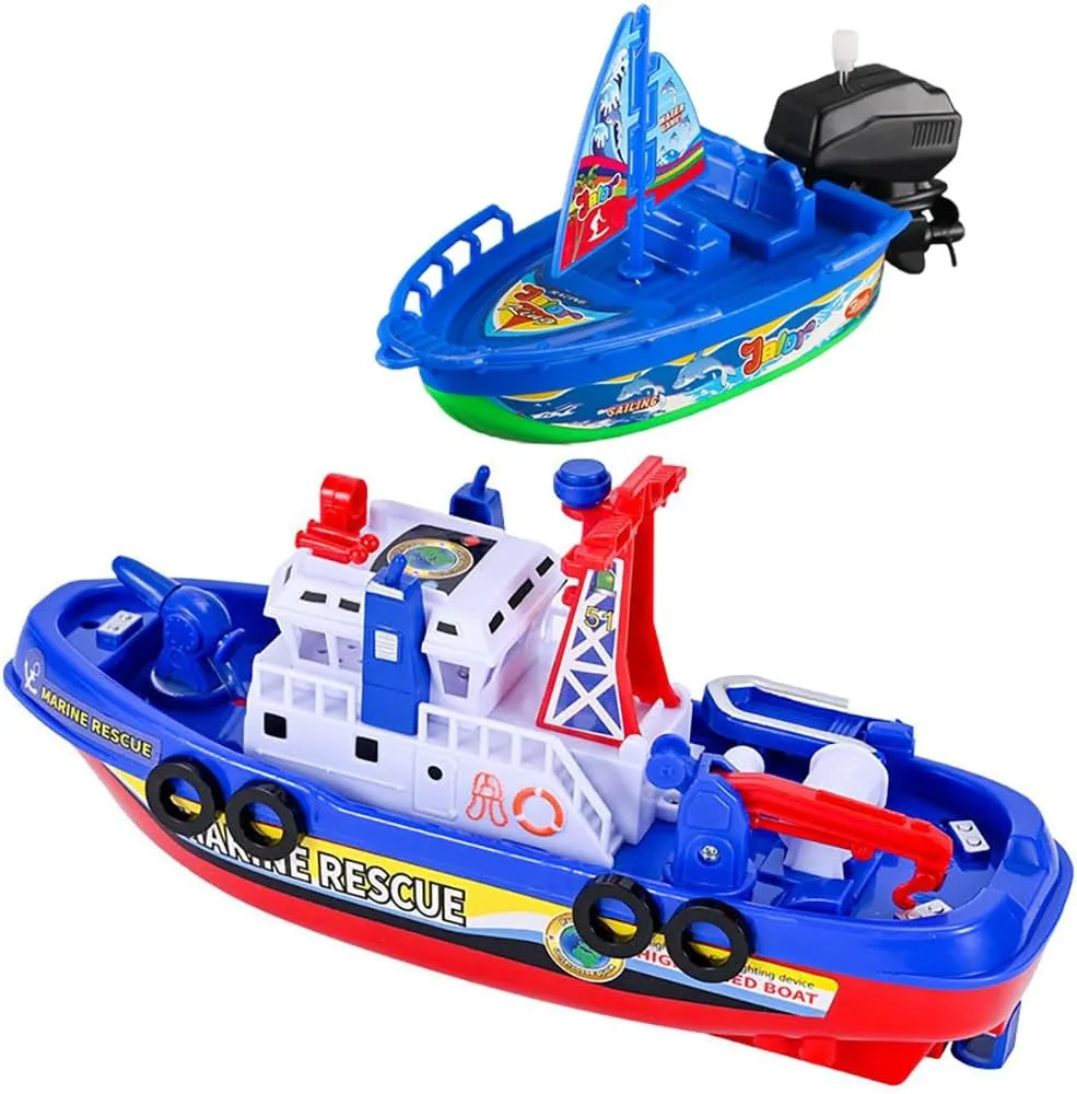 Fireboat and Sailboat Toy Set, Fire-Fighting Ship Toy Electric Fireship Water Toy Water Spray Boat Toy Marine Rescue Toy with Sound and Light Wind-up Sailship Bath Toy (with Sailboat)