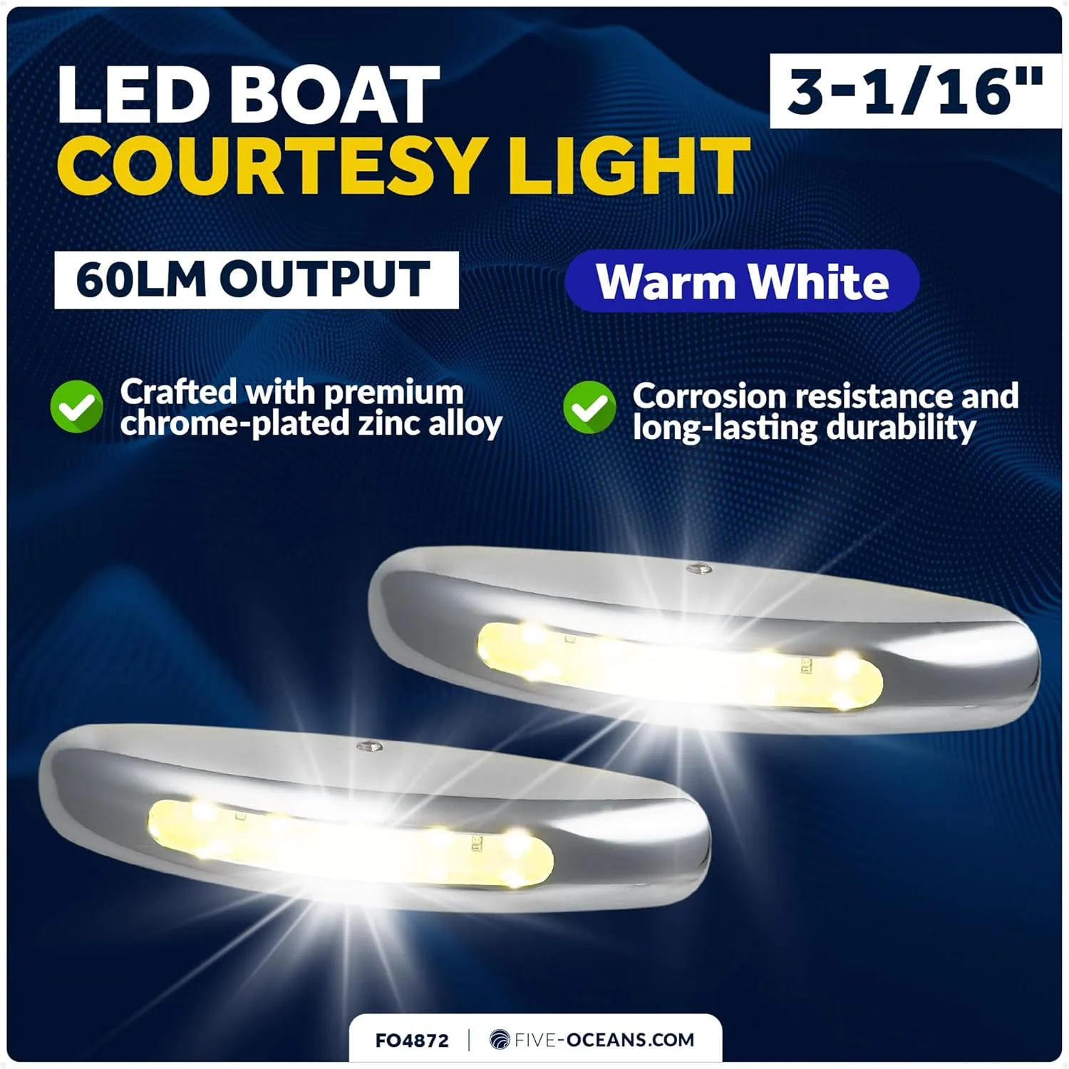 Five Oceans 3-Inch LED Boat Courtesy Light, Warm White, IP67 Waterproof, 12V - 2-Pack, Premium Chrome Plated Zinc Alloy, Marine Interior Lighting for Pontoon, Boat, RV - FO4872
