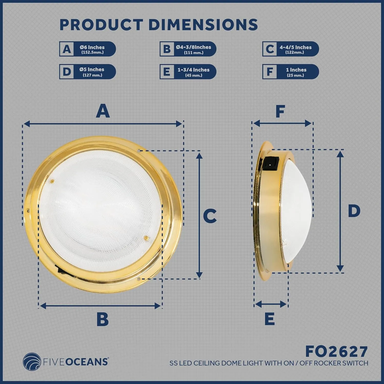 Five Oceans 6-Inch Marine LED Interior Dome Lights, Boat Ceiling LED Lights, Round High Power Downlight, Daylight White LED, On-Off Rocker Switch, 12V, Surface Mount for Boat Truck RV Trailer - FO2627