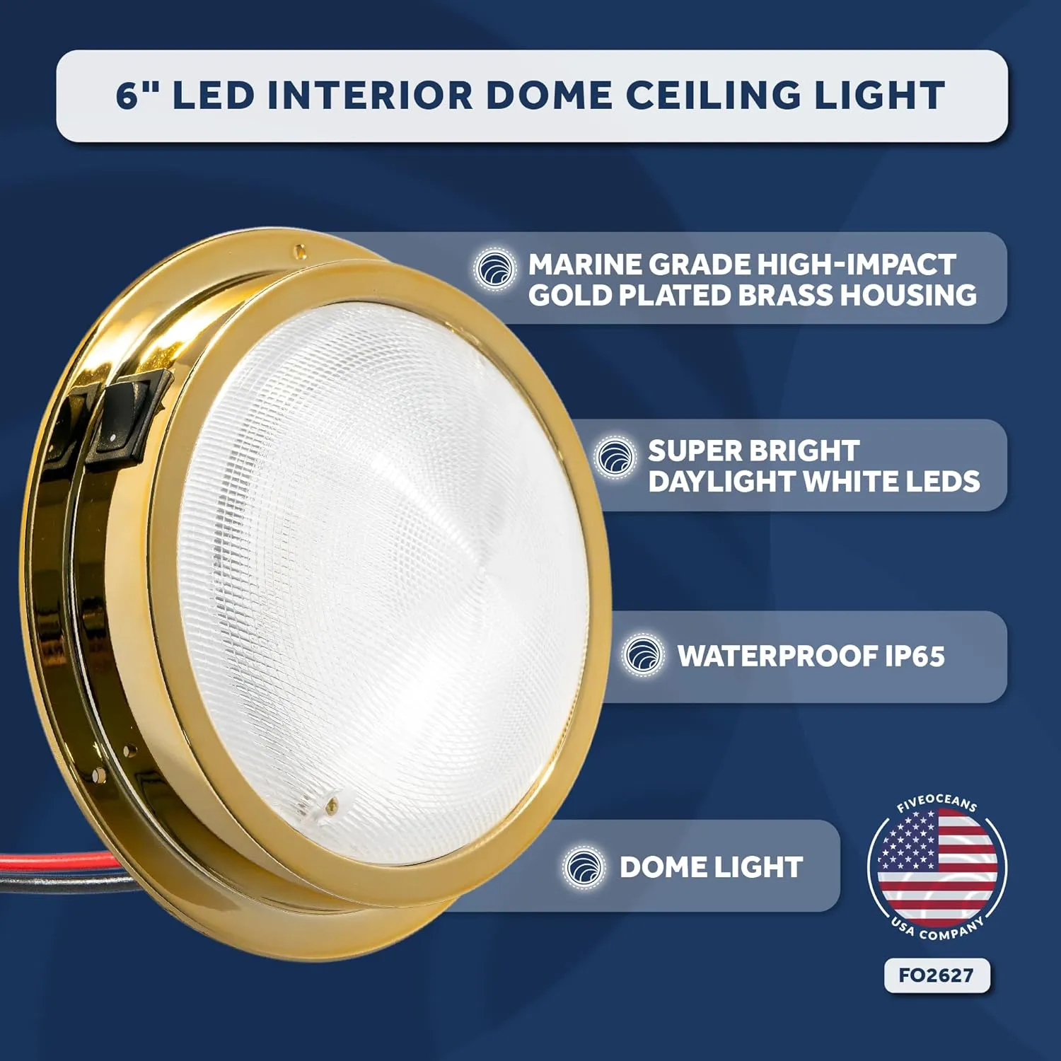 Five Oceans 6-Inch Marine LED Interior Dome Lights, Boat Ceiling LED Lights, Round High Power Downlight, Daylight White LED, On-Off Rocker Switch, 12V, Surface Mount for Boat Truck RV Trailer - FO2627