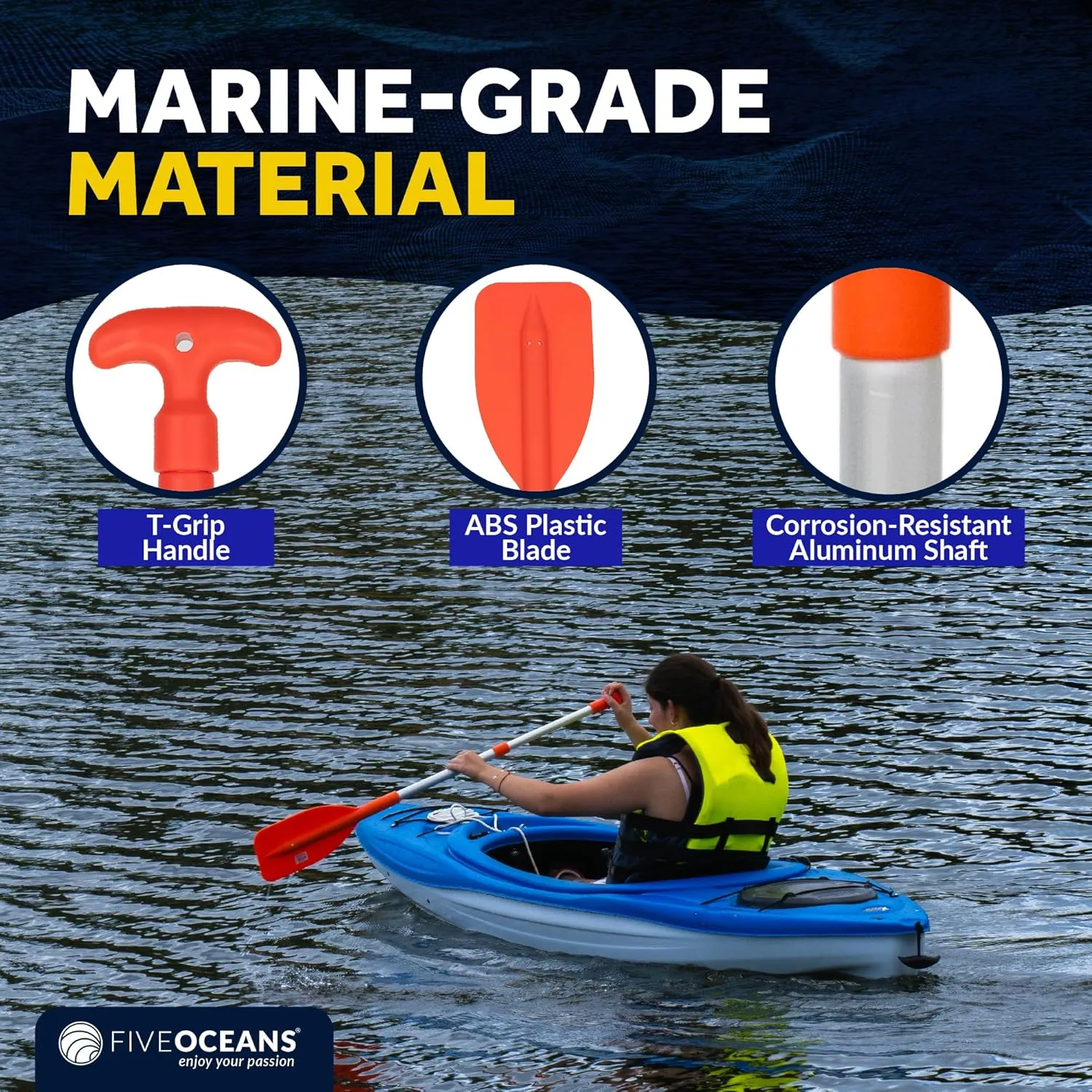 Five Oceans Emergency Telescoping Paddle, Boat Paddles, Floating Orange Paddle, Extends from 21" to 42", Compact Design for Easy Storage, Strong Anodized Aluminum Shaft