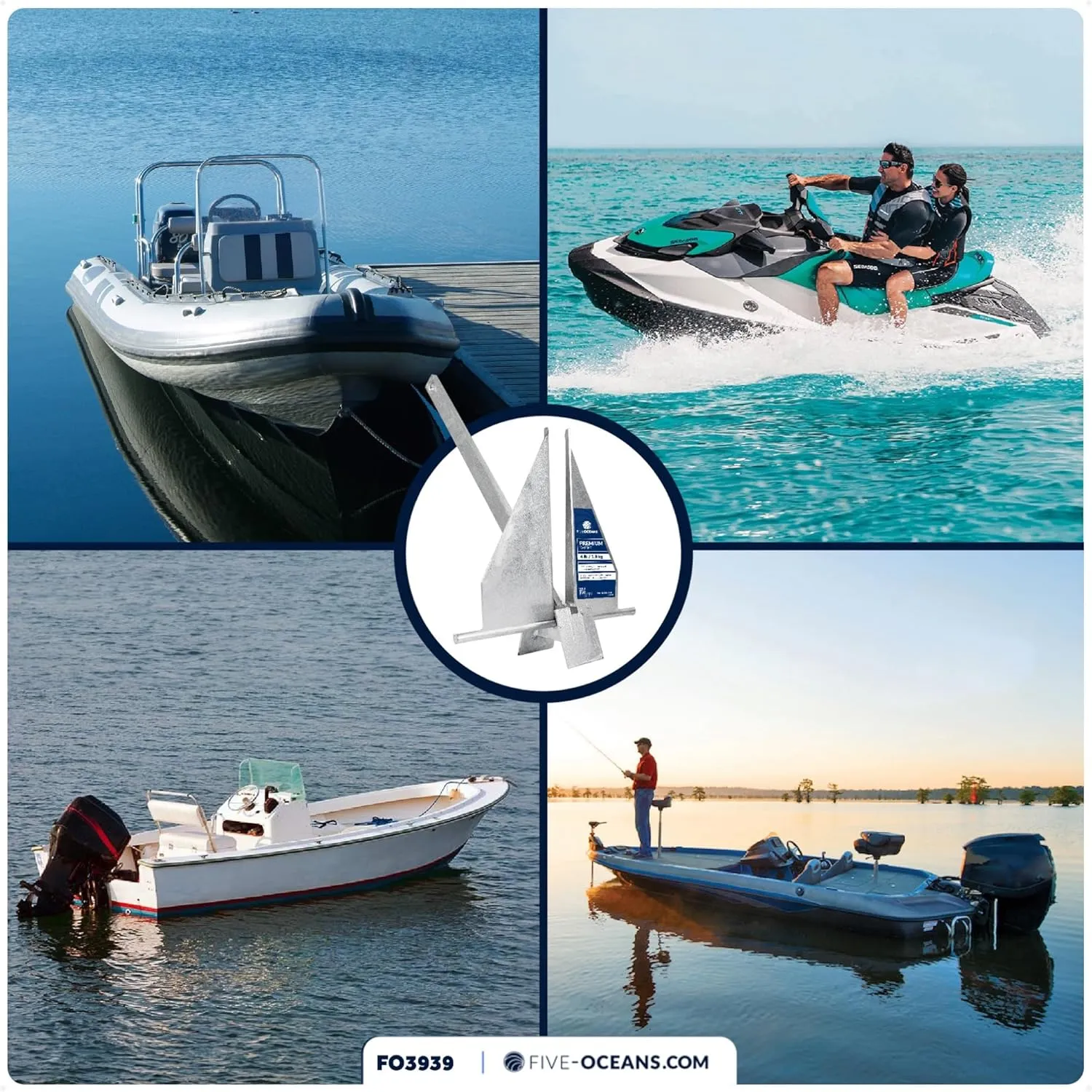 Five Oceans Fluke Boat Anchor, Heavy Duty Hot Dipped Galvanized Steel, Multiple Sizes – Ideal for Pontoon, Dinghies, Boats