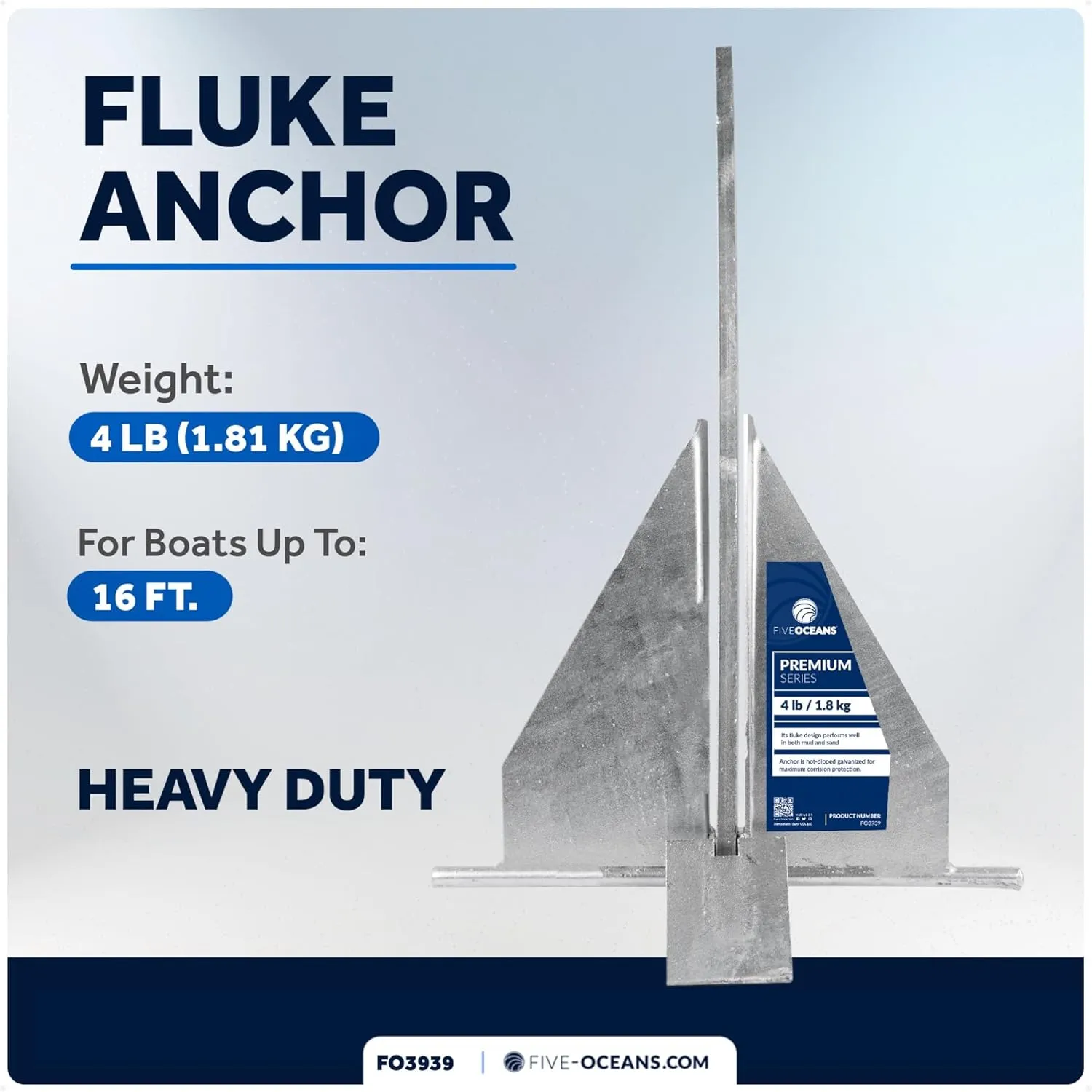 Five Oceans Fluke Boat Anchor, Heavy Duty Hot Dipped Galvanized Steel, Multiple Sizes – Ideal for Pontoon, Dinghies, Boats