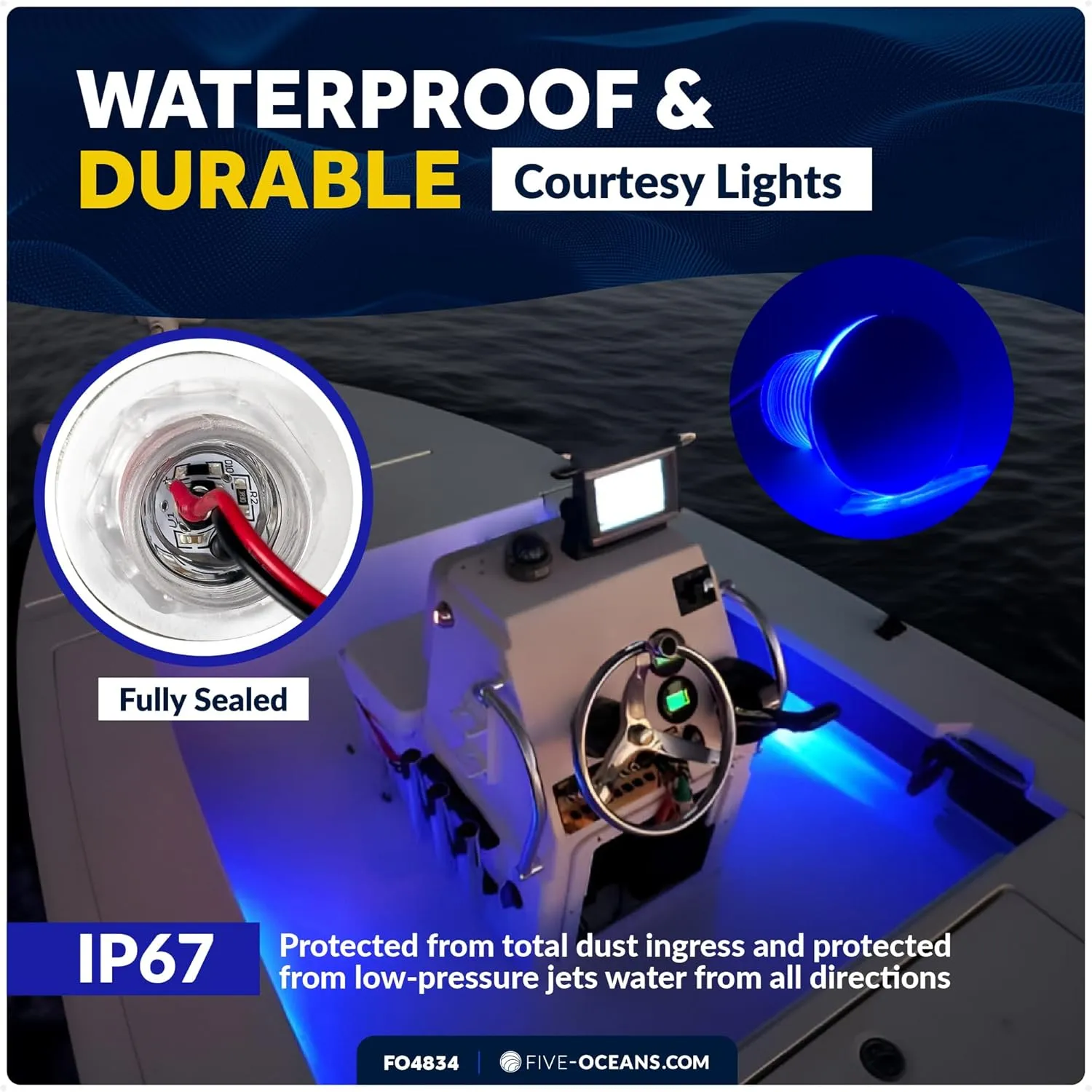 Five Oceans LED Boat Courtesy Lights, 1-5/16-Inch 316 Stainless Steel Round Cover, 4-Pack, IP67 Waterproof, Blue 3LM, 12V, Thru-Hull Mount for Livewell & Underwater Light on Boats - FO4834