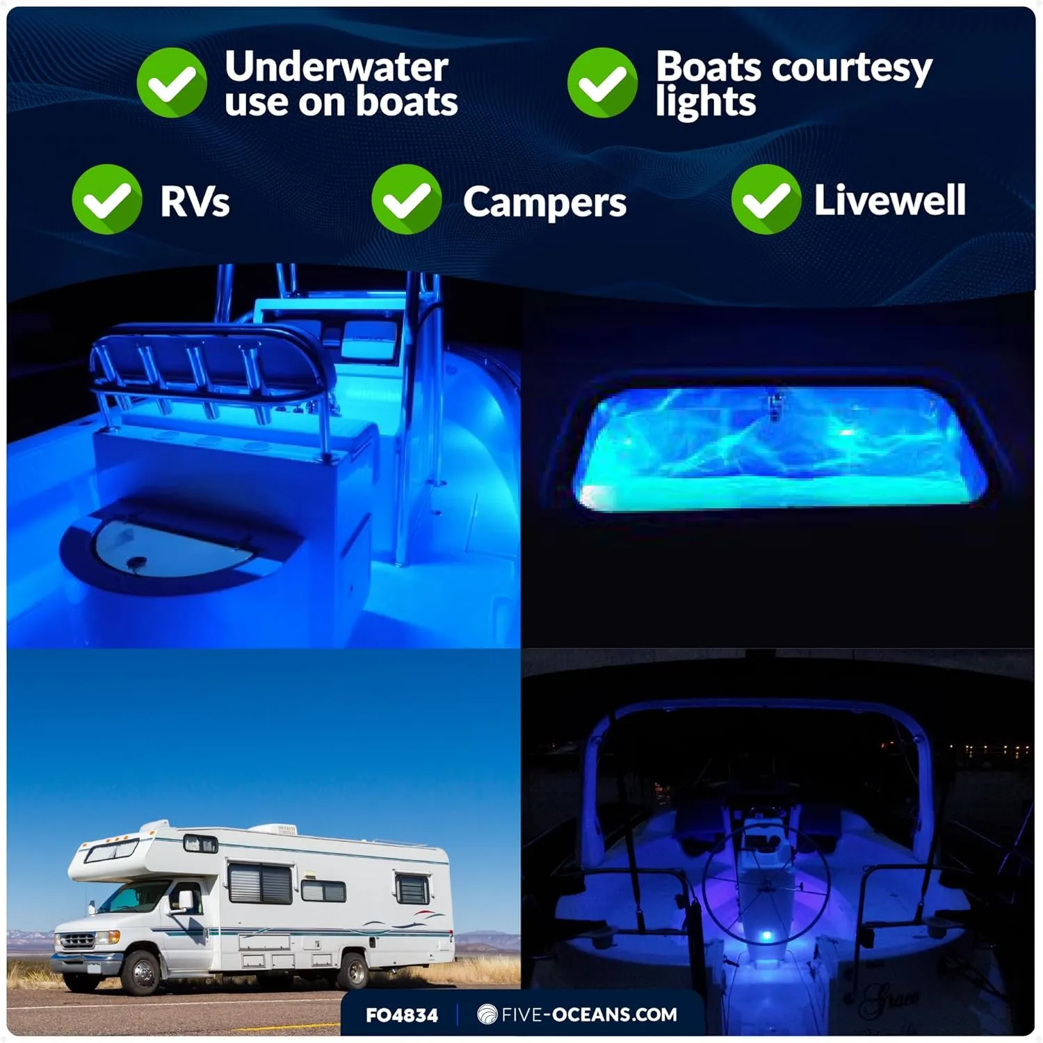 Five Oceans LED Boat Courtesy Lights, 1-5/16-Inch 316 Stainless Steel Round Cover, 4-Pack, IP67 Waterproof, Blue 3LM, 12V, Thru-Hull Mount for Livewell & Underwater Light on Boats - FO4834