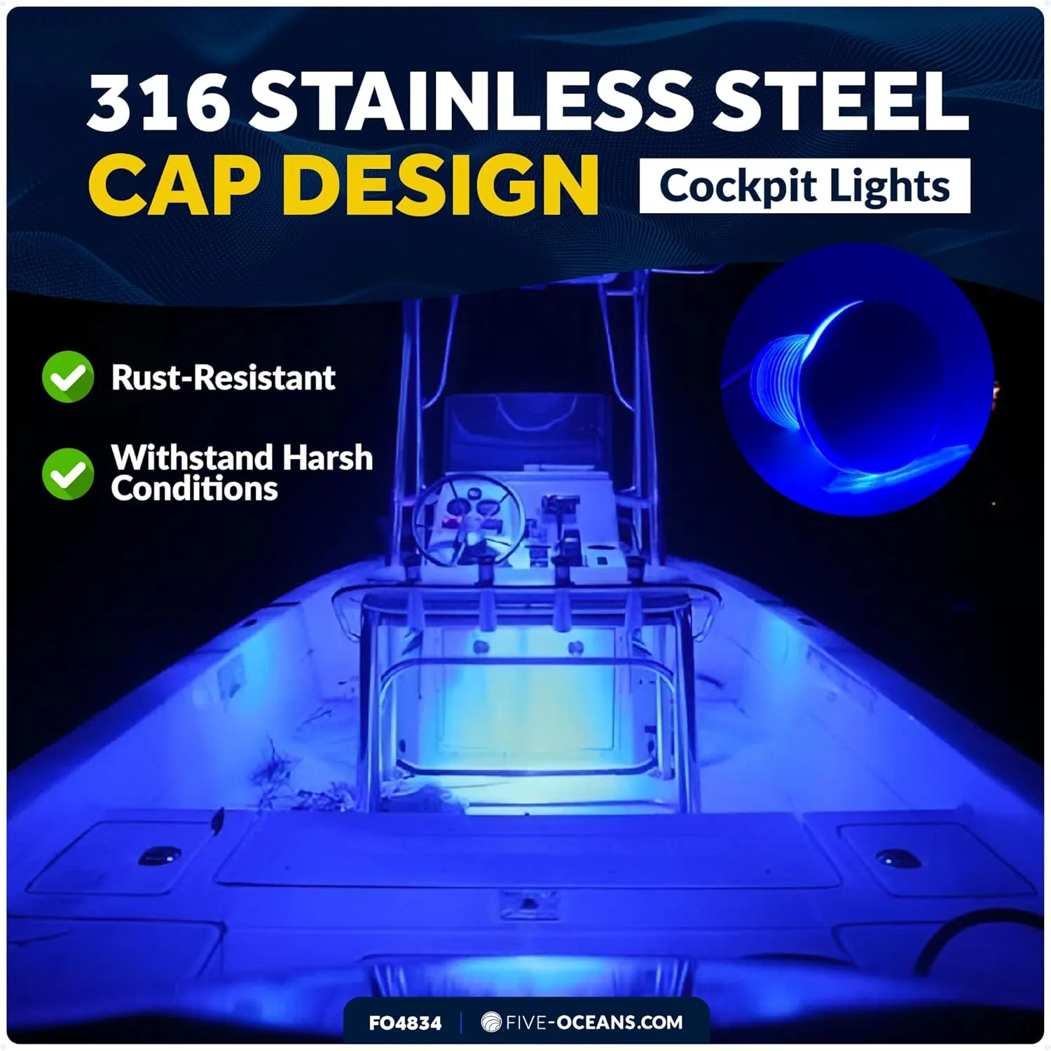 Five Oceans LED Boat Courtesy Lights, 1-5/16-Inch 316 Stainless Steel Round Cover, 4-Pack, IP67 Waterproof, Blue 3LM, 12V, Thru-Hull Mount for Livewell & Underwater Light on Boats - FO4834