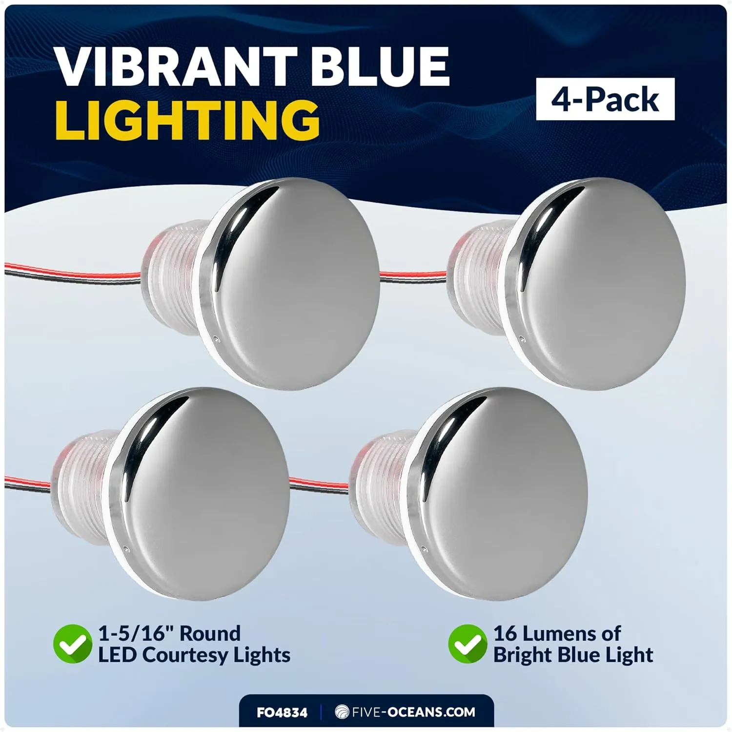 Five Oceans LED Boat Courtesy Lights, 1-5/16-Inch 316 Stainless Steel Round Cover, 4-Pack, IP67 Waterproof, Blue 3LM, 12V, Thru-Hull Mount for Livewell & Underwater Light on Boats - FO4834