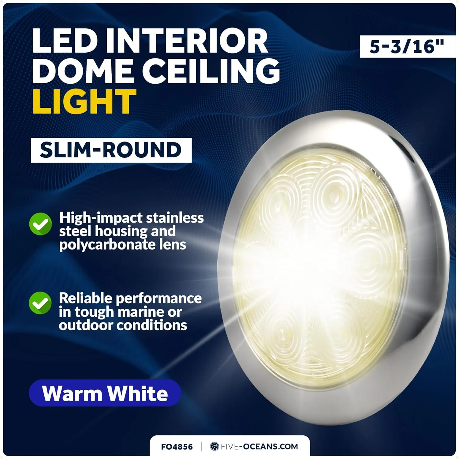 Five Oceans LED Dome Ceiling Light, 5-3/16" Slim Round, Warm White, 12V, IP65 Waterproof, Interior Lights for RVs, Boats, Caravan - FO4856