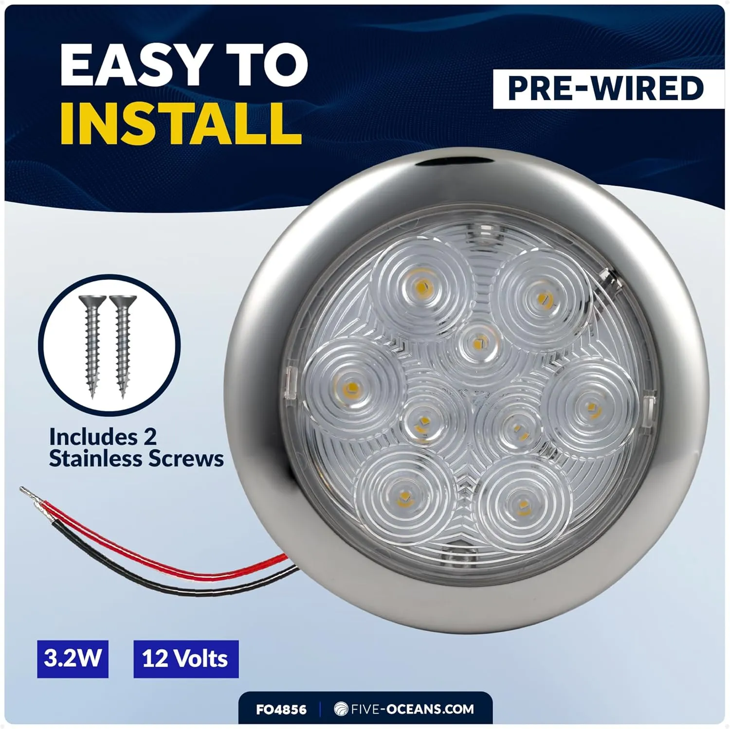 Five Oceans LED Dome Ceiling Light, 5-3/16" Slim Round, Warm White, 12V, IP65 Waterproof, Interior Lights for RVs, Boats, Caravan - FO4856