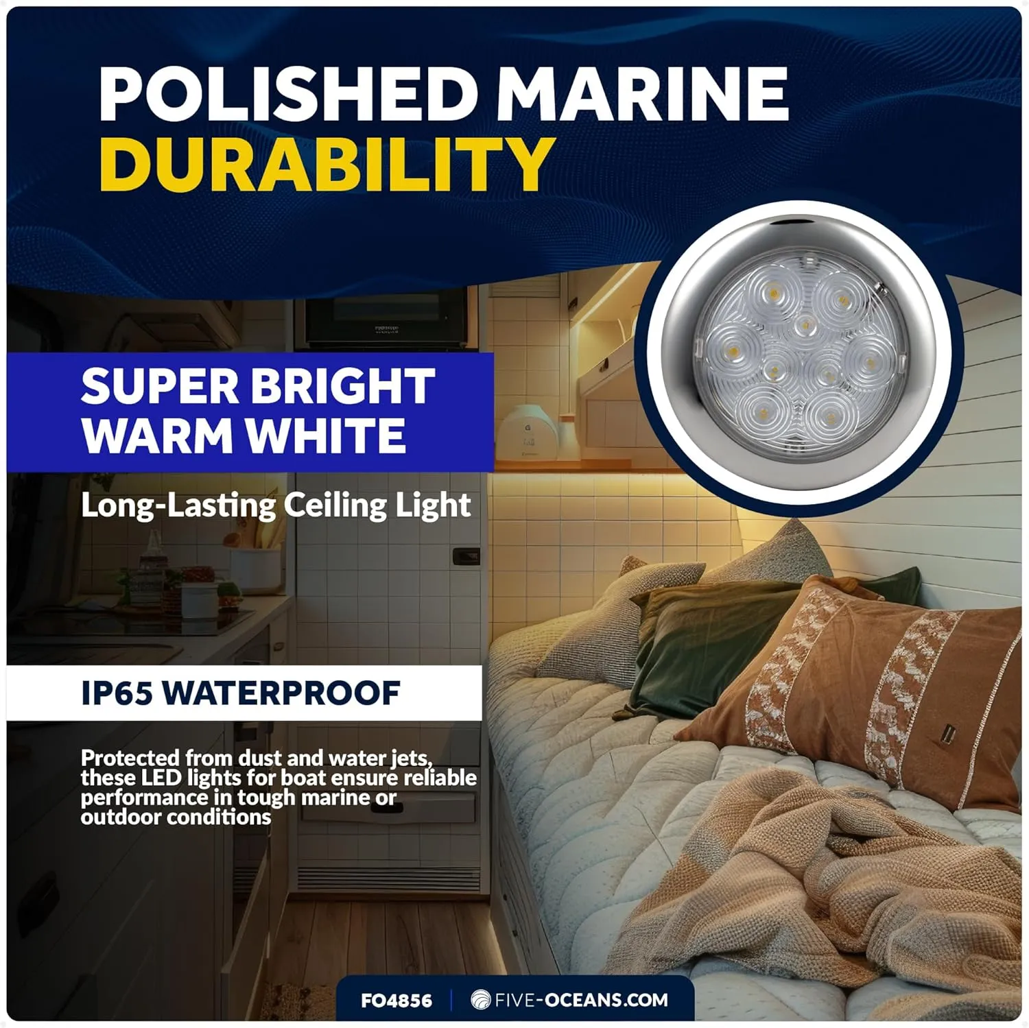 Five Oceans LED Dome Ceiling Light, 5-3/16" Slim Round, Warm White, 12V, IP65 Waterproof, Interior Lights for RVs, Boats, Caravan - FO4856