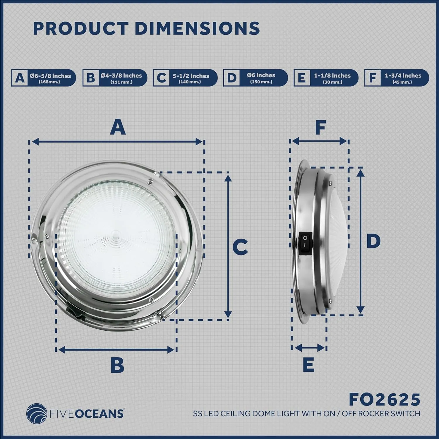 Five Oceans LED Marine Interior Dome Light, 6-Inch Round Stainless Steel Marine Cabin Light, Daylight White, On-Off Switch, 12V Boat Cabin Lights Surface Mount for Boat Truck RV - FO2625