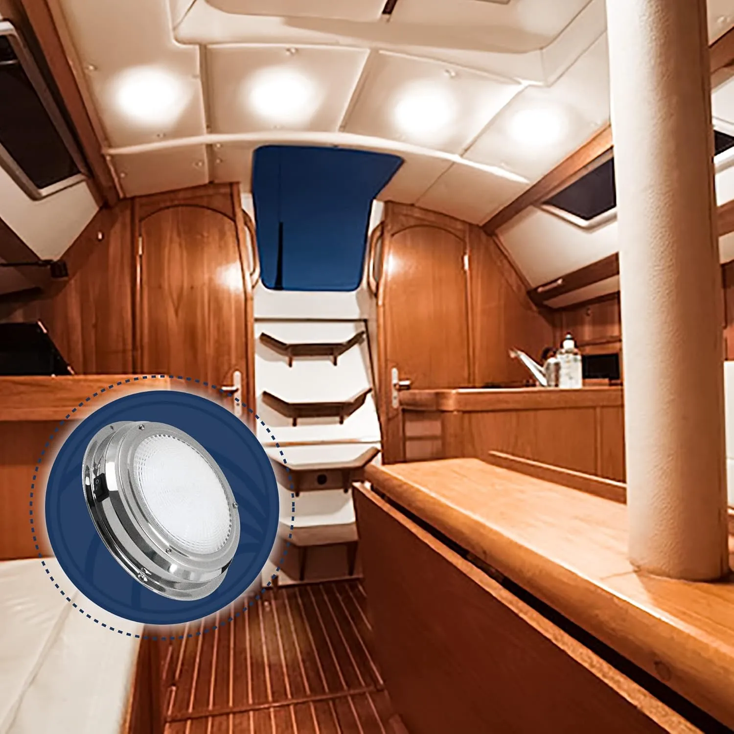 Five Oceans LED Marine Interior Dome Light, 6-Inch Round Stainless Steel Marine Cabin Light, Daylight White, On-Off Switch, 12V Boat Cabin Lights Surface Mount for Boat Truck RV - FO2625