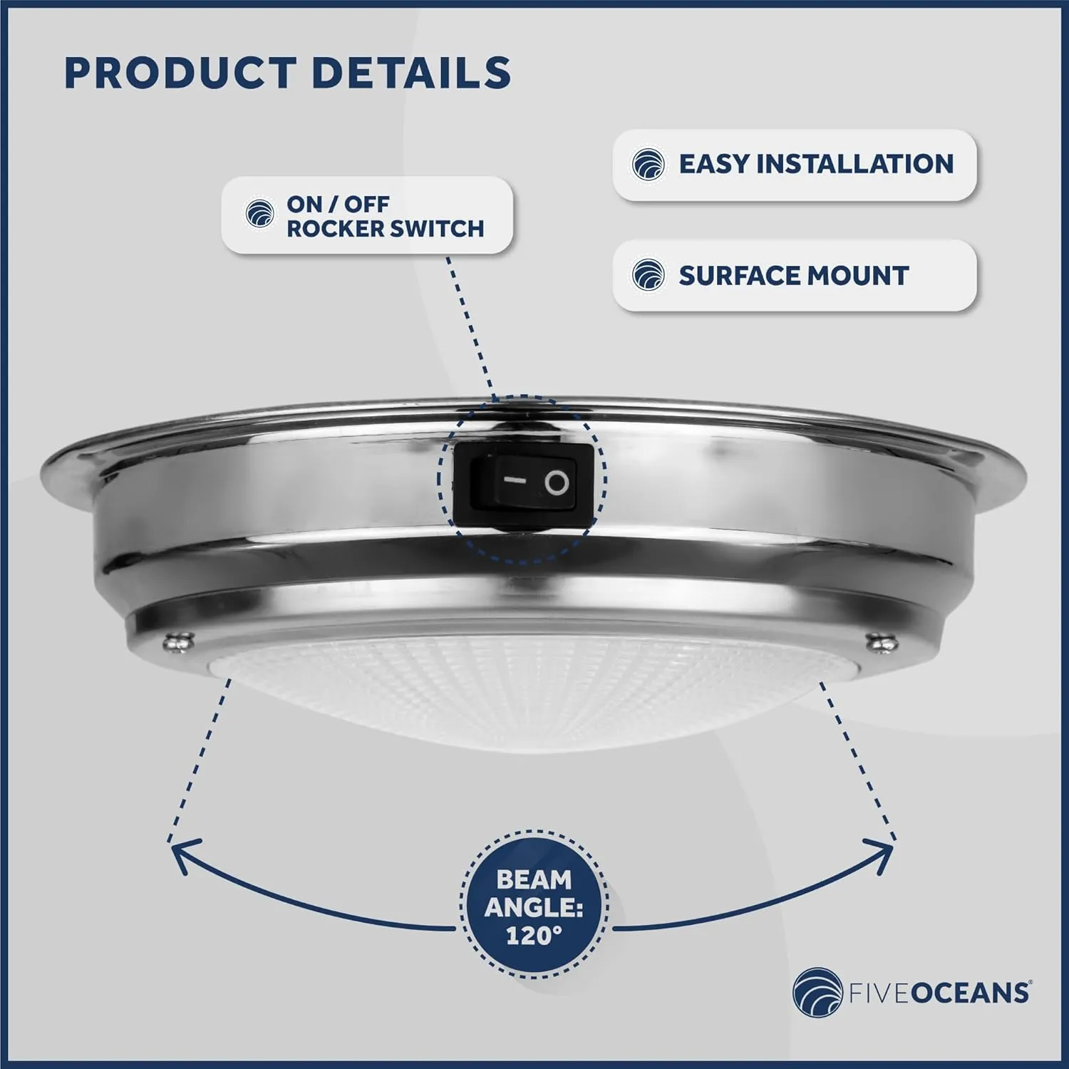 Five Oceans LED Marine Interior Dome Light, 6-Inch Round Stainless Steel Marine Cabin Light, Daylight White, On-Off Switch, 12V Boat Cabin Lights Surface Mount for Boat Truck RV - FO2625