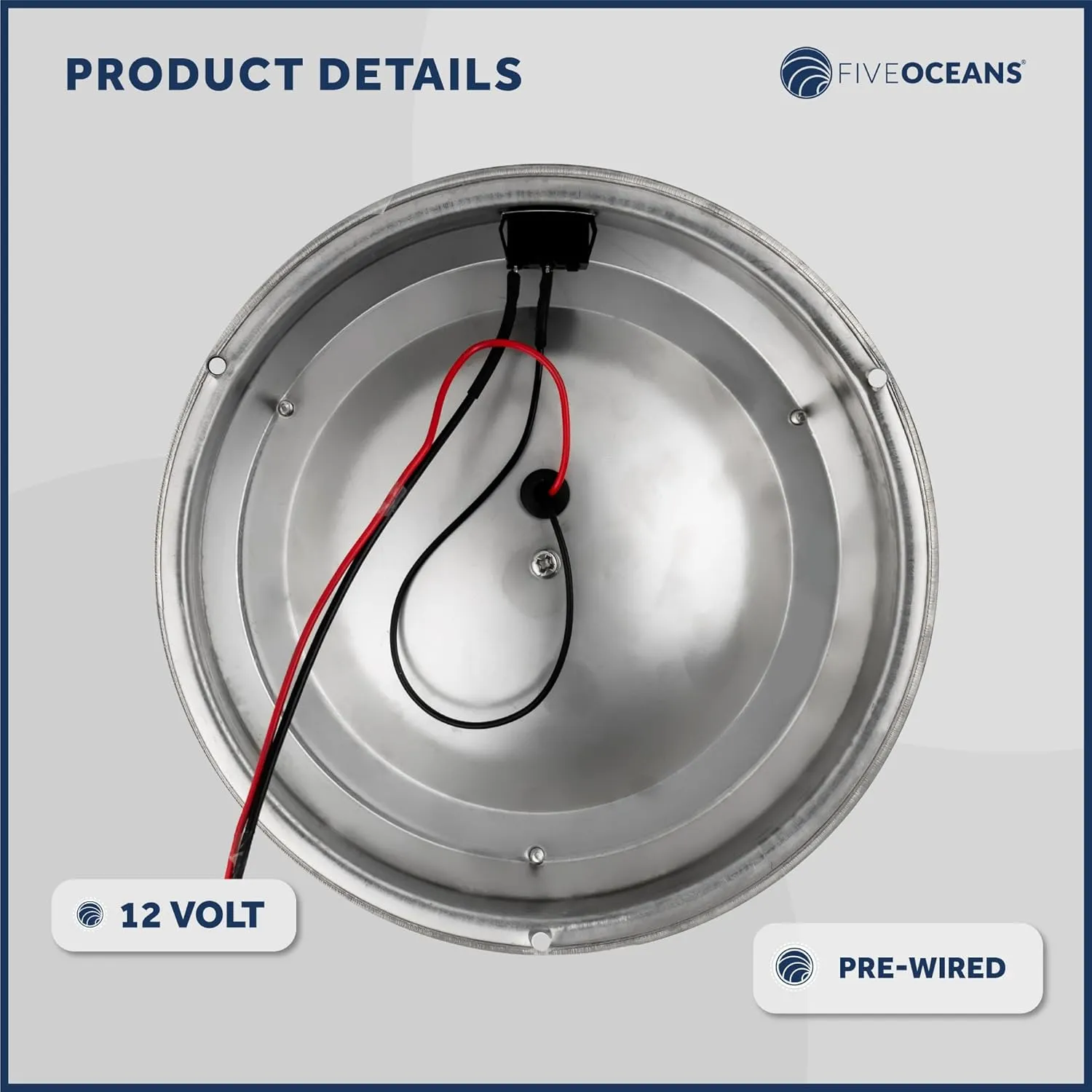 Five Oceans LED Marine Interior Dome Light, 6-Inch Round Stainless Steel Marine Cabin Light, Daylight White, On-Off Switch, 12V Boat Cabin Lights Surface Mount for Boat Truck RV - FO2625