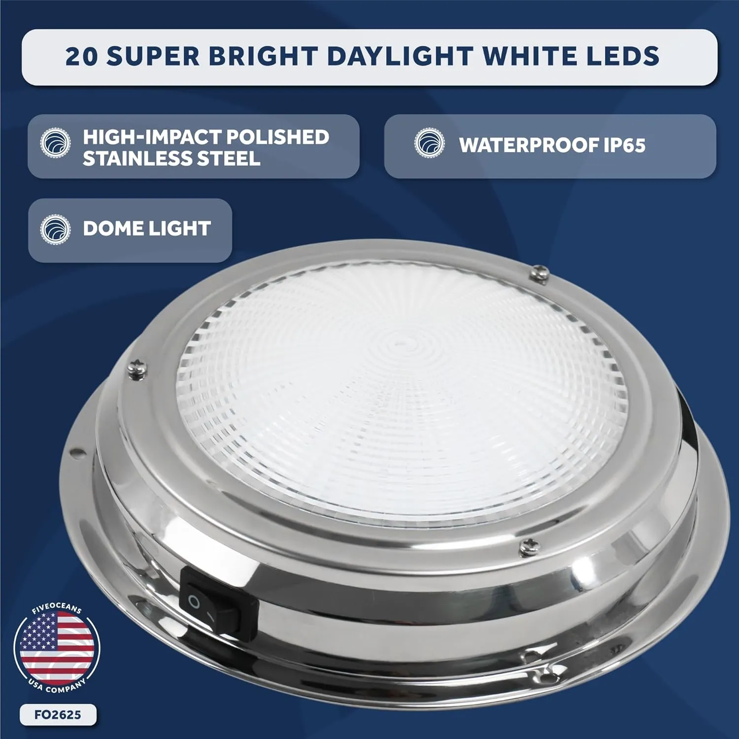 Five Oceans LED Marine Interior Dome Light, 6-Inch Round Stainless Steel Marine Cabin Light, Daylight White, On-Off Switch, 12V Boat Cabin Lights Surface Mount for Boat Truck RV - FO2625