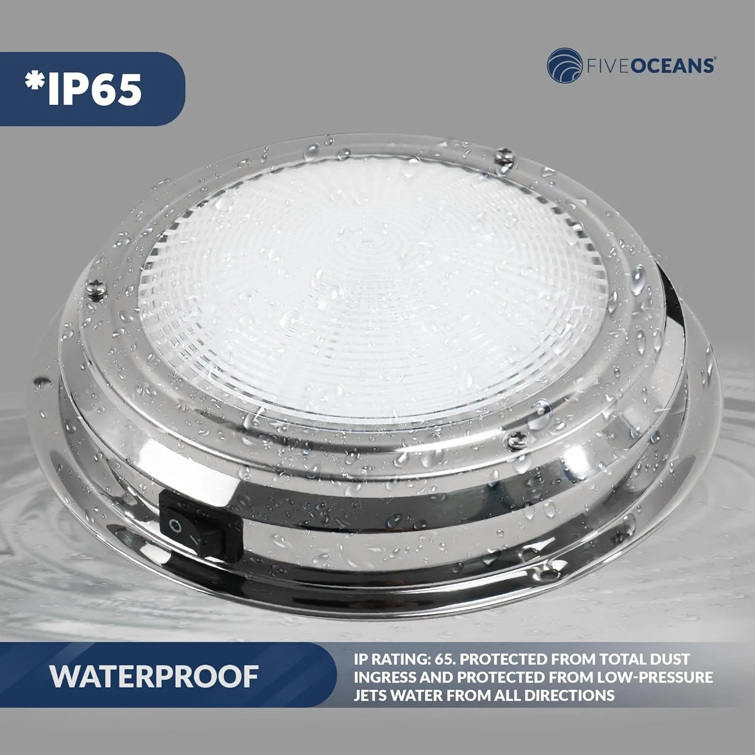 Five Oceans LED Marine Interior Dome Light, 6-Inch Round Stainless Steel Marine Cabin Light, Daylight White, On-Off Switch, 12V Boat Cabin Lights Surface Mount for Boat Truck RV - FO2625