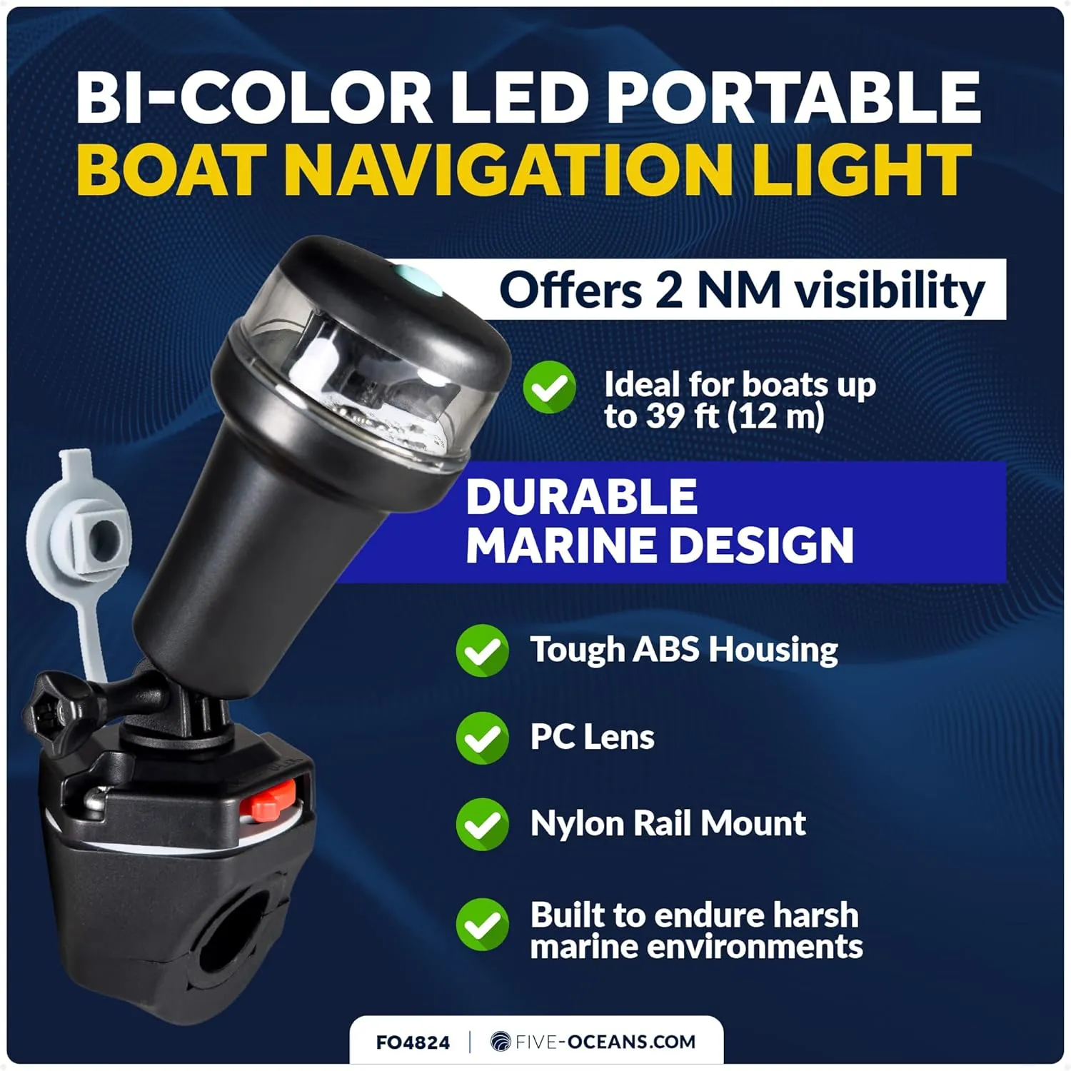Five Oceans LED Portable Bi-Color Boat Navigation Light, Rail Mount Swivel Base, 2 NM Visibility, IP67 Waterproof, Battery-Operated Anchor Light for Small Boats, Kayaks, Inflatables, Canoes - FO4824