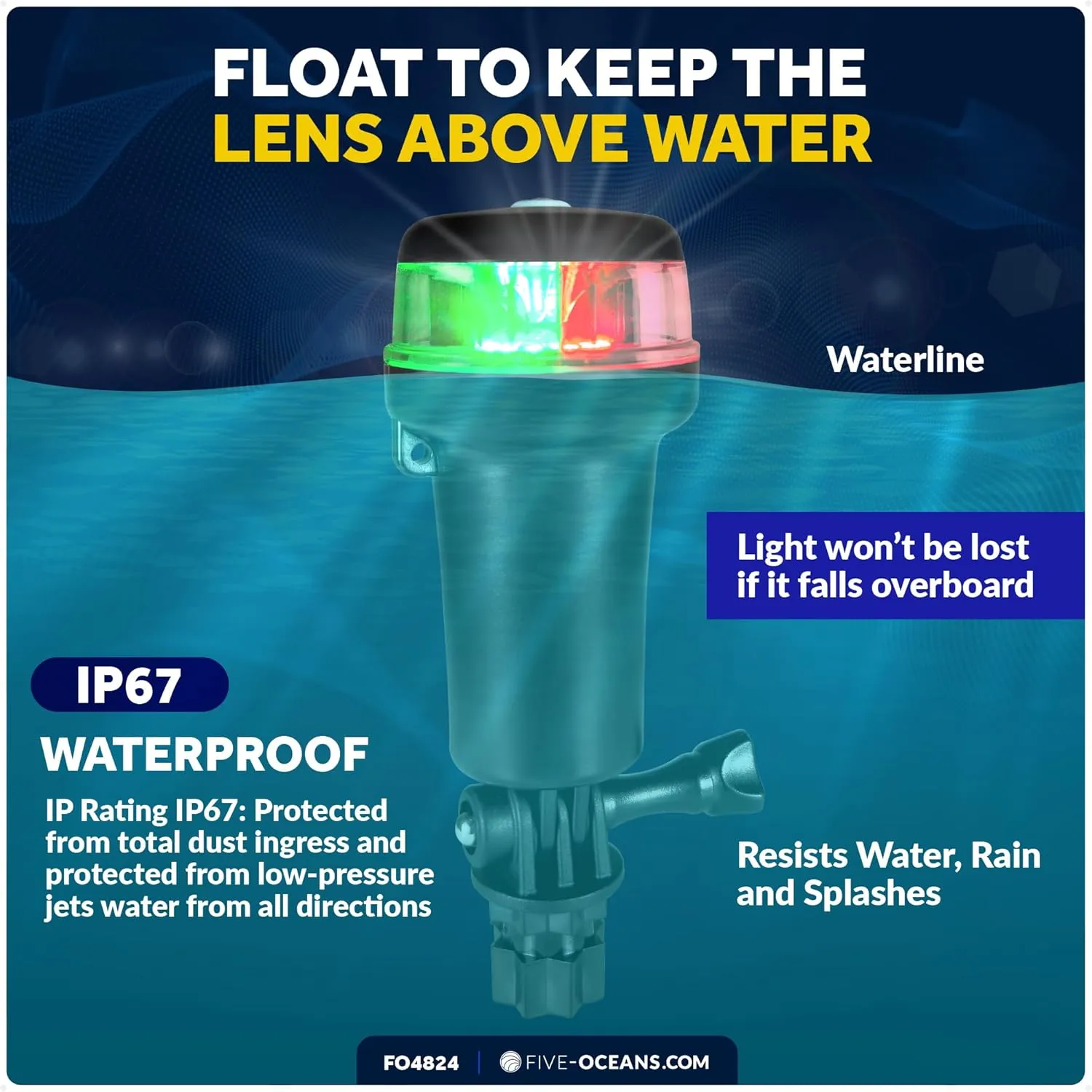 Five Oceans LED Portable Bi-Color Boat Navigation Light, Rail Mount Swivel Base, 2 NM Visibility, IP67 Waterproof, Battery-Operated Anchor Light for Small Boats, Kayaks, Inflatables, Canoes - FO4824