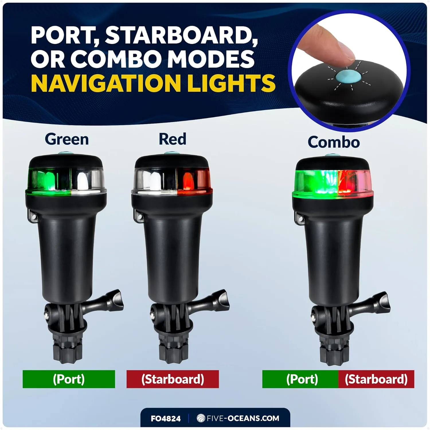 Five Oceans LED Portable Bi-Color Boat Navigation Light, Rail Mount Swivel Base, 2 NM Visibility, IP67 Waterproof, Battery-Operated Anchor Light for Small Boats, Kayaks, Inflatables, Canoes - FO4824