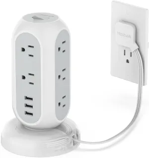 Flat Plug Power Strip Tower, TESSAN Ultra Thin Retractable Extension Cord 5 FT, Surge Protector 11 Outlets with 3 USB Charging Station, 1050J, Office Supplies, Desk Accessories, Dorm Essentials