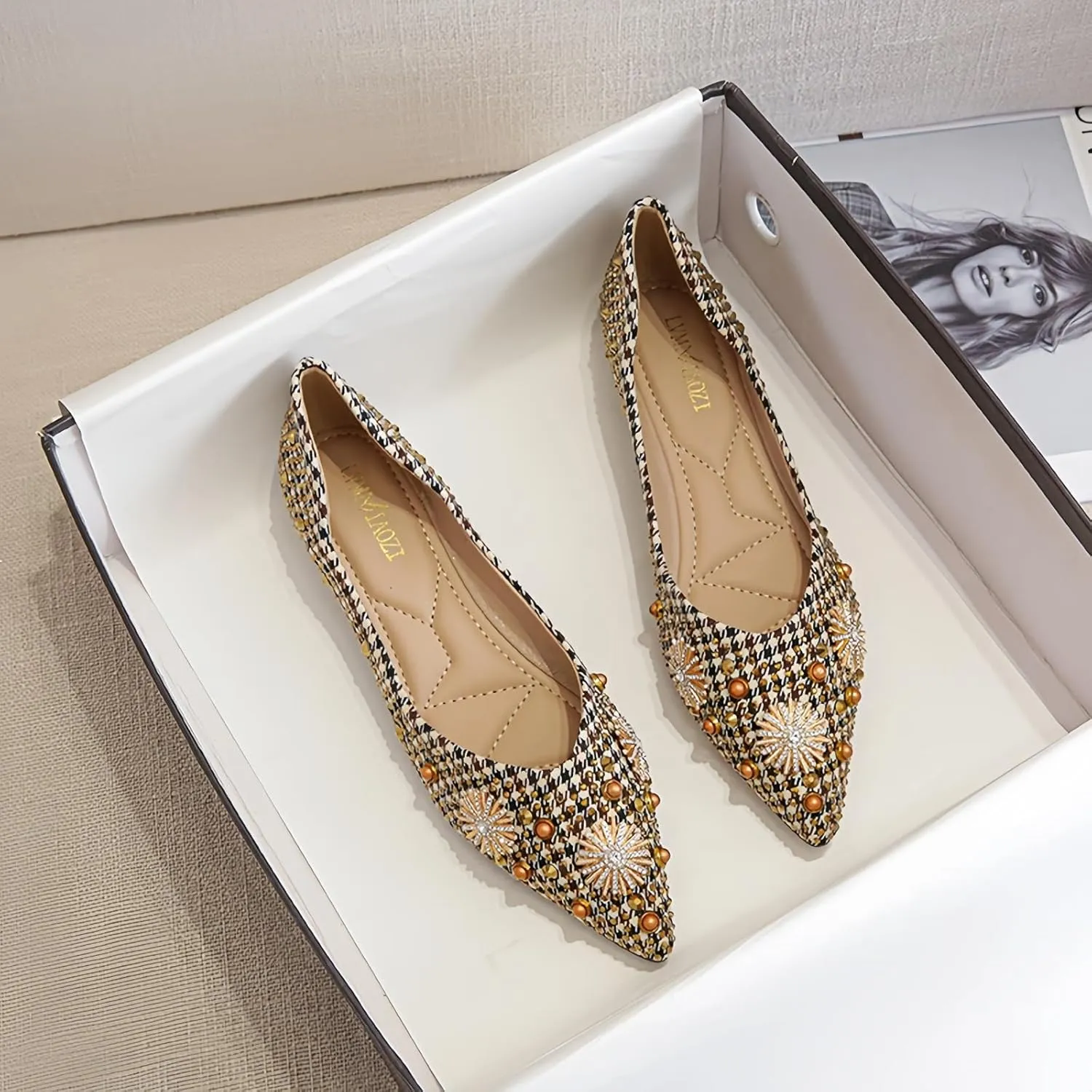 Flats Shoes Women Rhinestone Pointed Head Ballet Flats Comfortable Soft Memory Foam Dress Shoes Sparkle Flats for Women