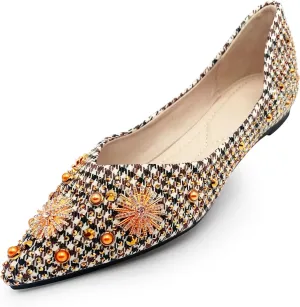 Flats Shoes Women Rhinestone Pointed Head Ballet Flats Comfortable Soft Memory Foam Dress Shoes Sparkle Flats for Women