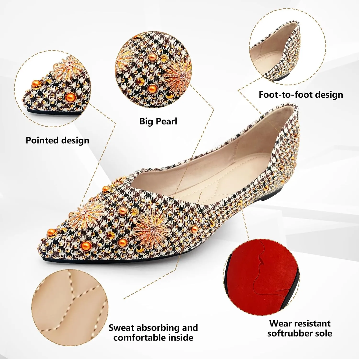 Flats Shoes Women Rhinestone Pointed Head Ballet Flats Comfortable Soft Memory Foam Dress Shoes Sparkle Flats for Women