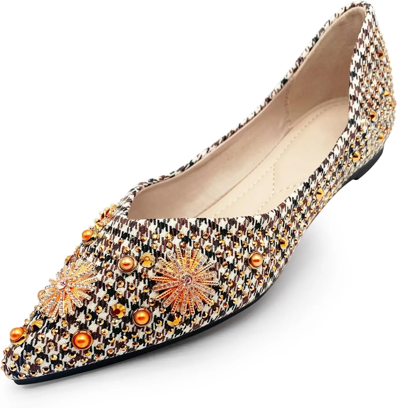 Flats Shoes Women Rhinestone Pointed Head Ballet Flats Comfortable Soft Memory Foam Dress Shoes Sparkle Flats for Women