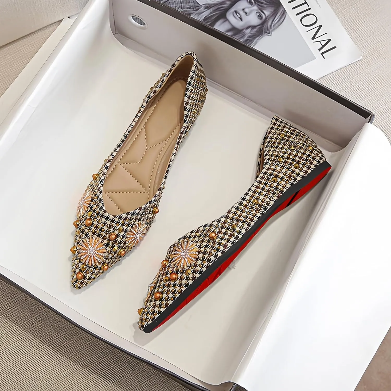 Flats Shoes Women Rhinestone Pointed Head Ballet Flats Comfortable Soft Memory Foam Dress Shoes Sparkle Flats for Women