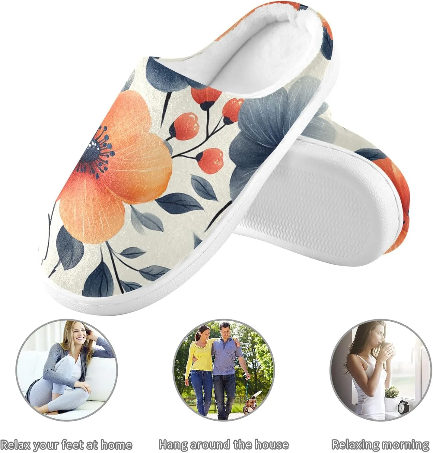 Floral Funny Pampas Rustic Warm Furry House Shoes Winter Slippers with Memory Foam for Girls Hospital 6-7