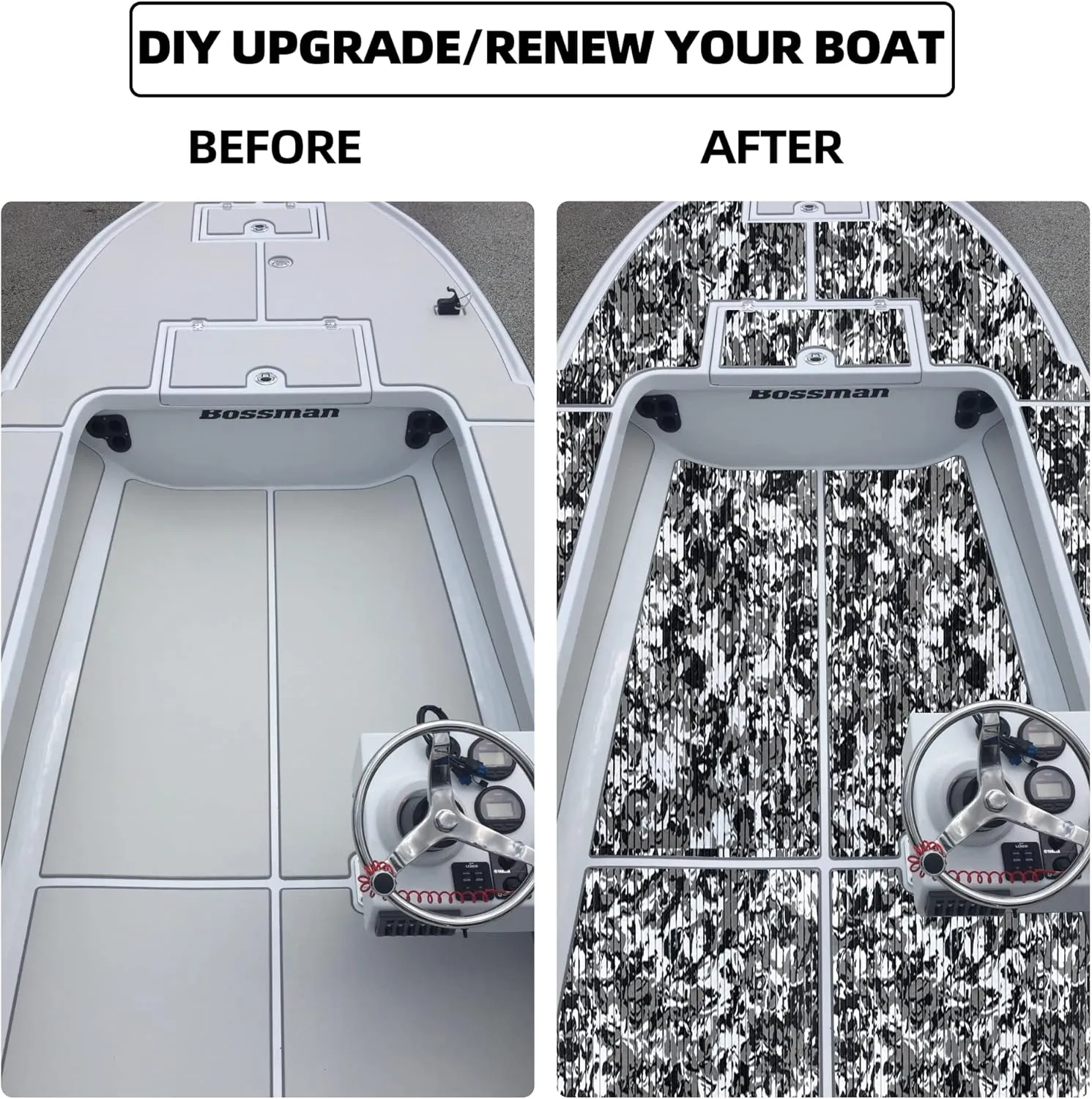FOCEAN Boat Flooring EVA Foam Boat Decking Marine Flooring Camo Self-Adhesive Diamand Pattern Marine Mats for Boats Yacht Kayak RV 94.5"x15.7", Snow Camo