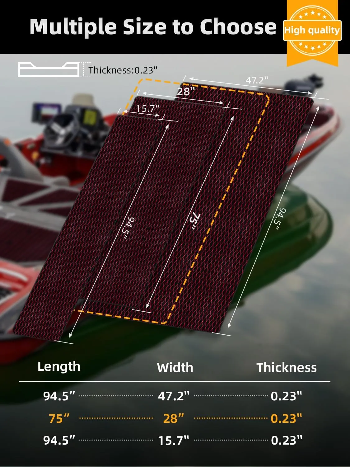 FOCEAN Boat Flooring EVA Foam Boat Decking Marine Mat Non-Slip Self-Adhesive Flooring Sheet for Motorboat Kayak Surfboard Garden Floor Swimming Pools, 75''x 28'', Black with Red Lines