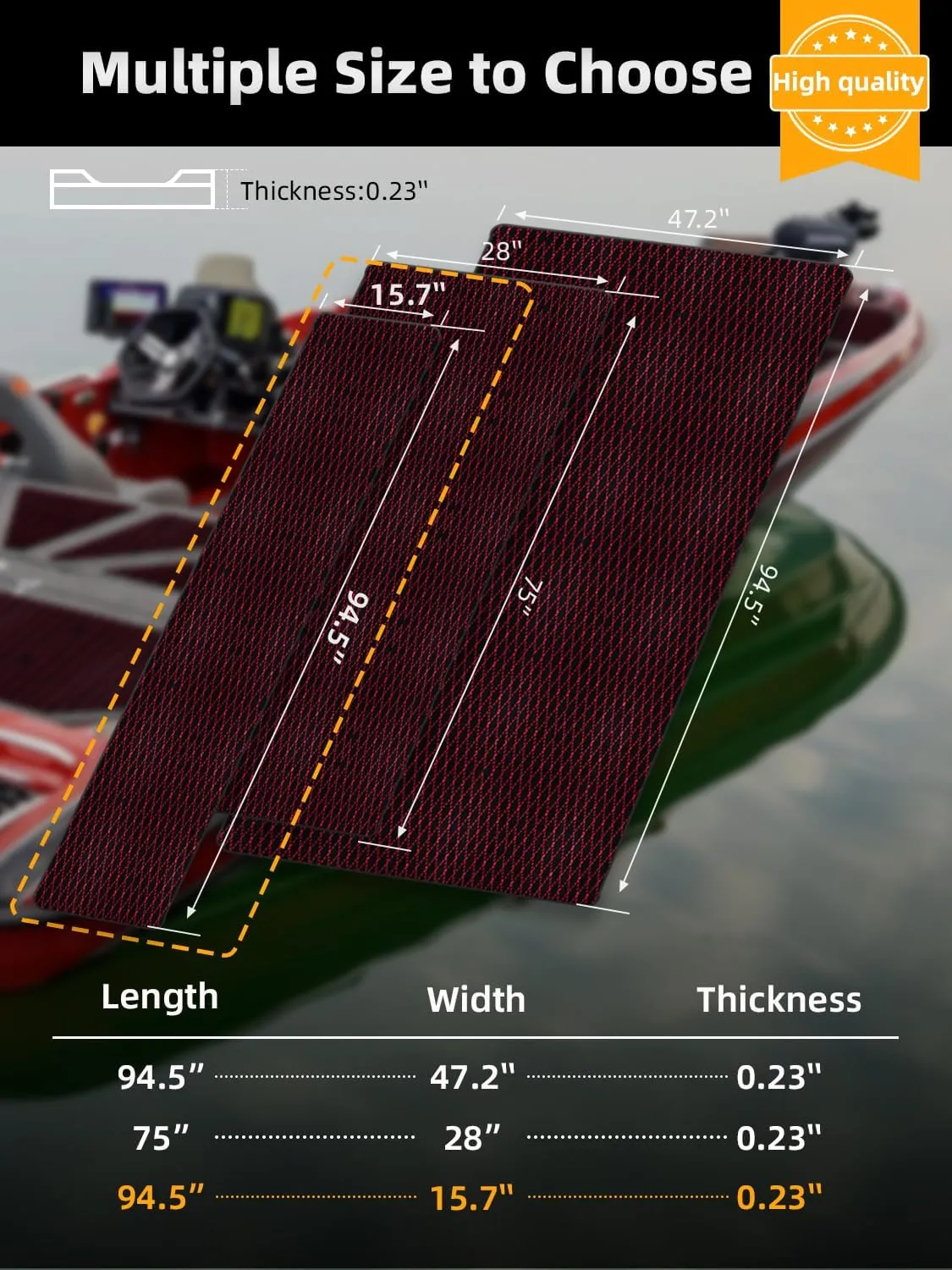 FOCEAN Boat Flooring EVA Foam Boat Decking Marine Mat Non-Slip Self-Adhesive Flooring Sheet for Motorboat Kayak Surfboard Garden Floor Swimming Pools, 94.5''x 15.7'', Black with Red Lines
