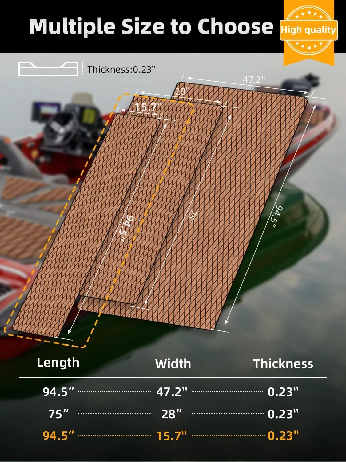 FOCEAN Boat Flooring EVA Foam Boat Decking Marine Mat Non-Slip Self-Adhesive Flooring Sheet for Motorboat Kayak Surfboard Garden Floor Swimming Pools, 94.5''x 15.7'', Brown with Black Lines