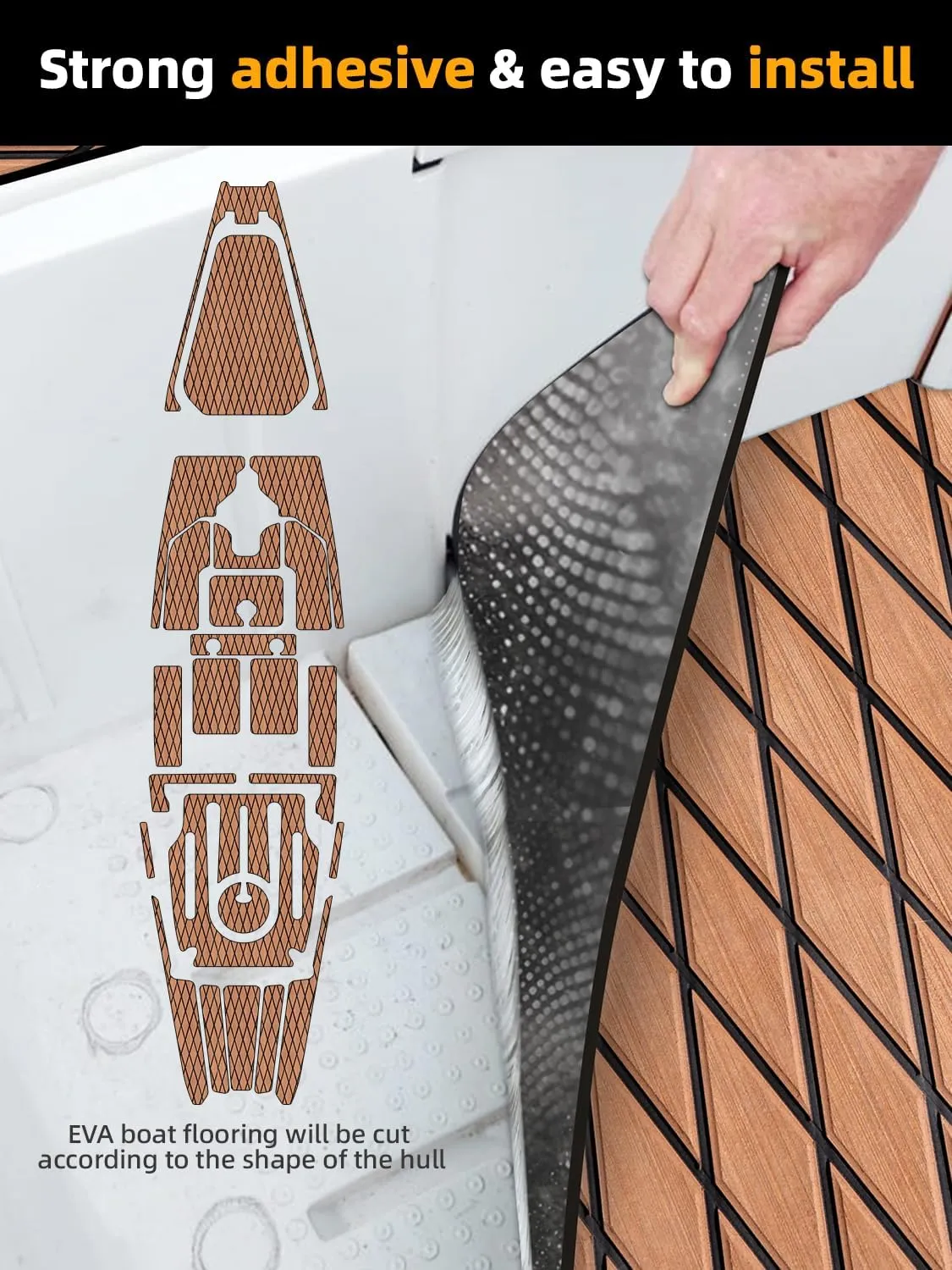 FOCEAN Boat Flooring EVA Foam Boat Decking Marine Mat Non-Slip Self-Adhesive Flooring Sheet for Motorboat Kayak Surfboard Garden Floor Swimming Pools, 94.5''x 15.7'', Brown with Black Lines