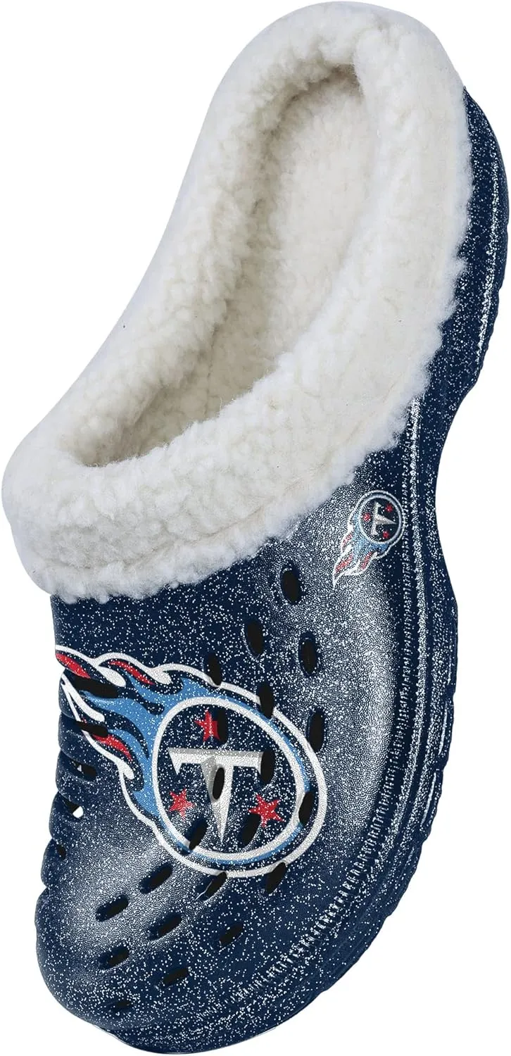 FOCO Women's NFL Team Logo Sherpa Lined Glitter Shoes Slipper Clogs