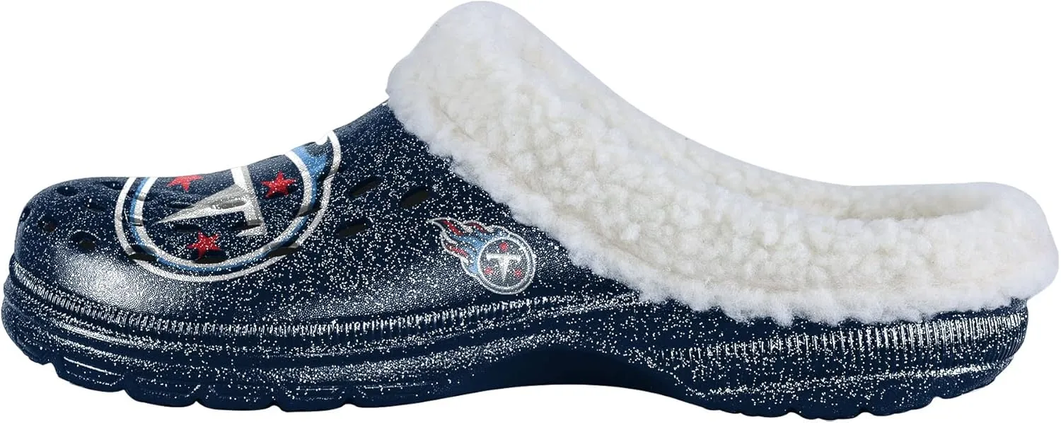 FOCO Women's NFL Team Logo Sherpa Lined Glitter Shoes Slipper Clogs