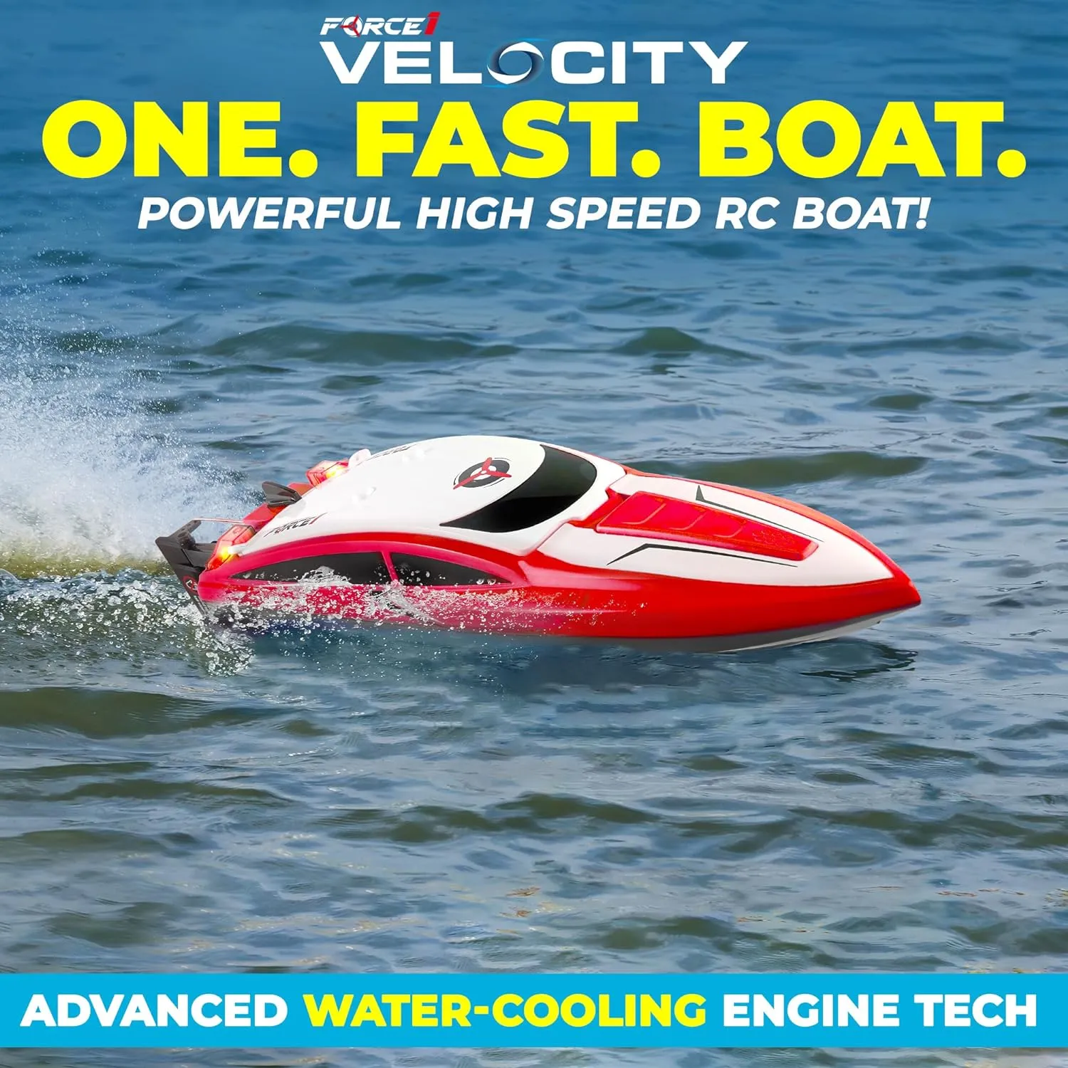 Force1 Velocity Red Fast RC Boat- Remote Control Boats for Adults and Kids, Underwater Speed Racing Mini RC Toy for Pools and Lakes, 2.4GHZ Transmitter, 2 Rechargeable Batteries, Low Battery Alert