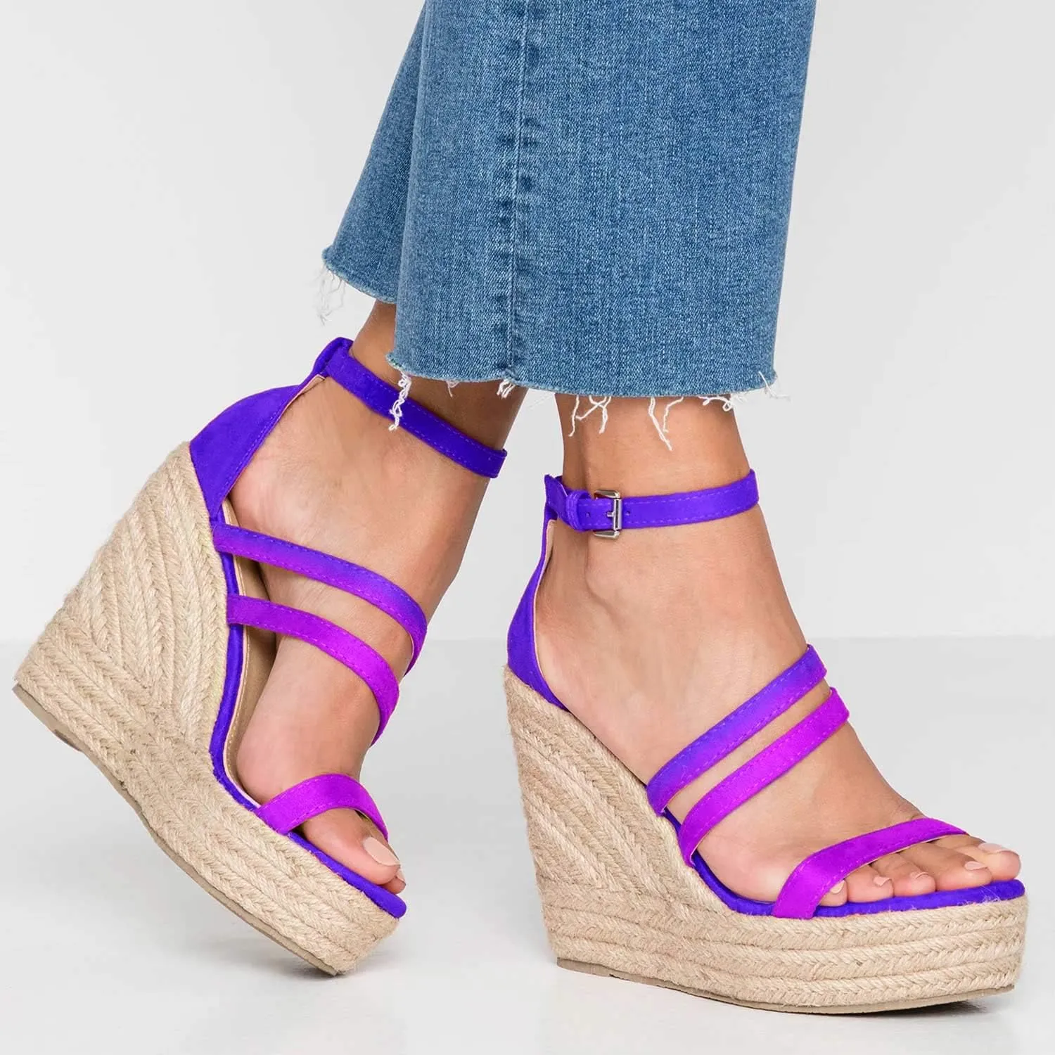 FOWT Fashion Leopard Print Platform Espadrille Wedge Sandals for Women Summer Chic Two Tone Buckle Strap Open Toe Two Pieces High Heel Casual Shoes, Black Size 4-16 M