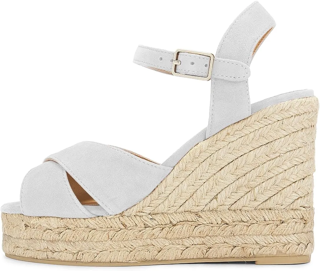 FOWT Women Classic Suede Platform Espadrille Sandals Open Toe Wedge High Heels Ankle Strap Buckle Summer Party Casual Shoes Size 4-16 US